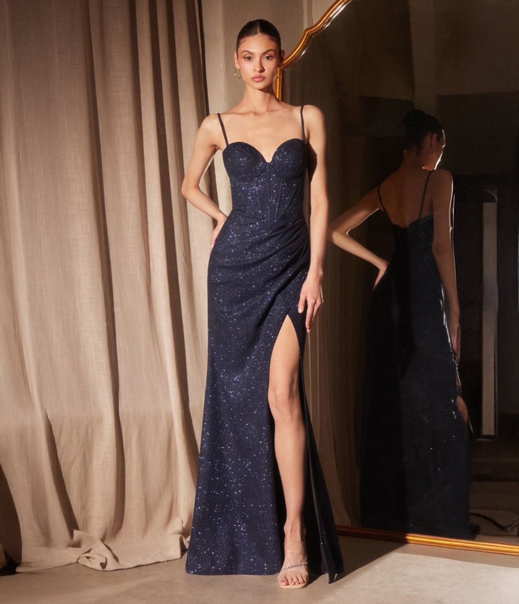 Amoris by Cinderella Divine Navy Blue Glitter Fitted Sleeveless Prom Dress with High Slit - Elegant Evening Gown for Homecoming, Pageants & Formal Events