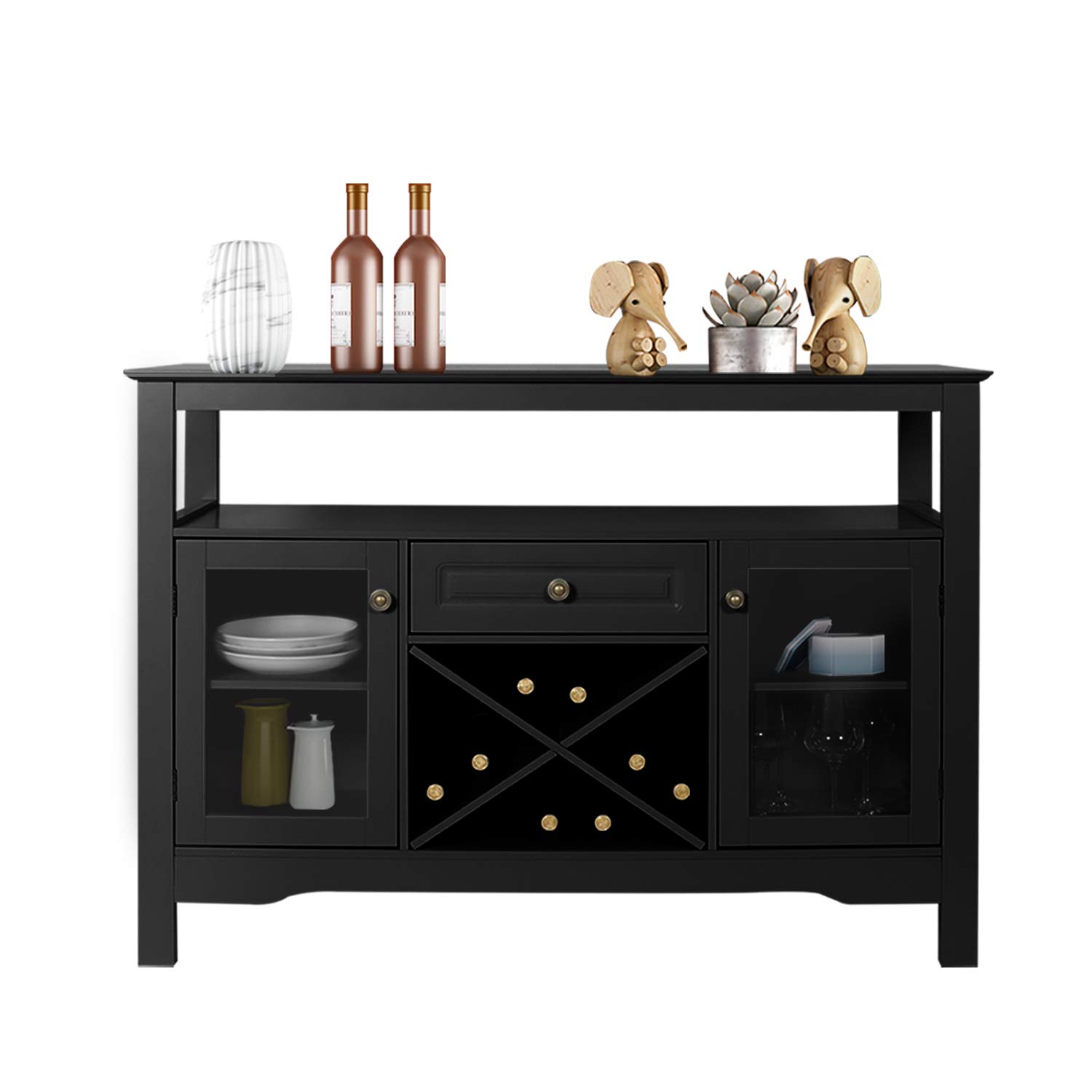 Black Sideboard Wine Cabinet with Adjustable Shelf & Glass Display - Buffet Cupboard for Dining Room, Kitchen & Home Storage - Perfect for Wine Display, Dining Essentials & Home Decor Organization