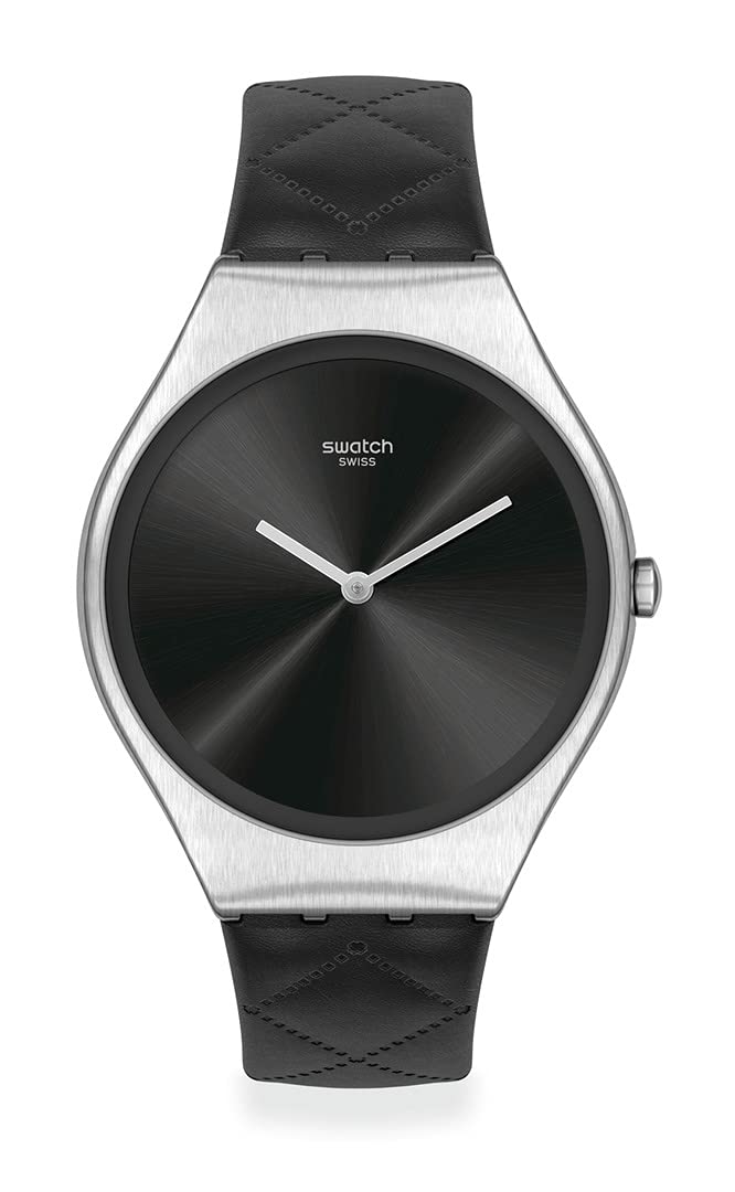 Swatch Skin Irony Stainless Steel Quartz Watch with Black Leather Strap - 18mm Casual Dress Watch (Model SYXS136) for Men's Everyday Wear & Office Style
