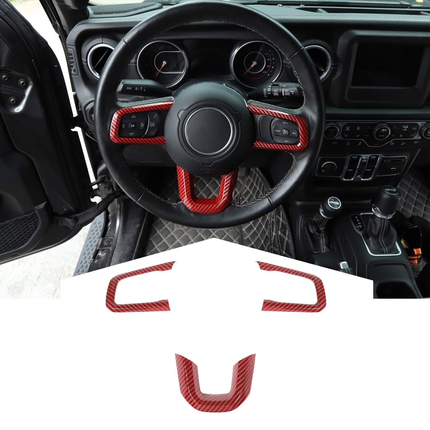 Premium Red Carbon Fiber Grain Steering Wheel Cover for 2018-2021 Jeep Wrangler JL & 2020-2021 Jeep Gladiator JT - 3PACK Interior Accessories for Enhanced Grip & Style - Perfect for Off-Road Adventures & Daily Commutes