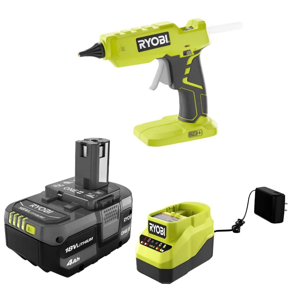 Ryobi 18V ONE+ Cordless Full Size Hot Glue Gun Kit with 4.0Ah Battery & Charger - Perfect for DIY Crafts, Home Repairs, and Woodworking Projects