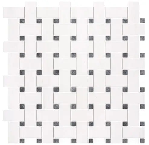 Bianco Dolomite Basketweave Mosaic Tile with Blue Dots - Polished or Honed Finish for Kitchen Backsplash, Bathroom Wall, and Shower Floor Design