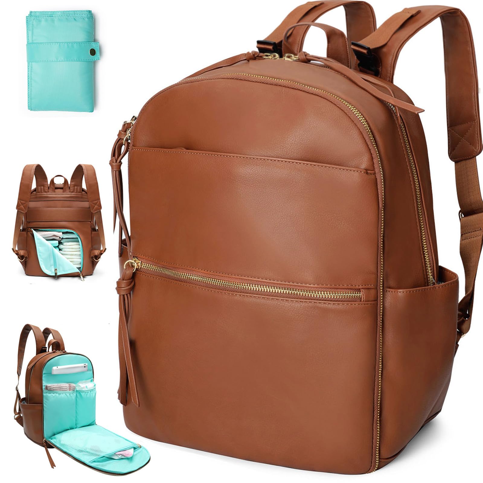 MOMINSIDE Large Diaper Bag Backpack for Moms - 18 Pockets with 6 Insulated Compartments, Leather Baby Bag with Changing Pad & Stroller Straps - Perfect for Baby Registry, Travel & Daily Use (Brown)