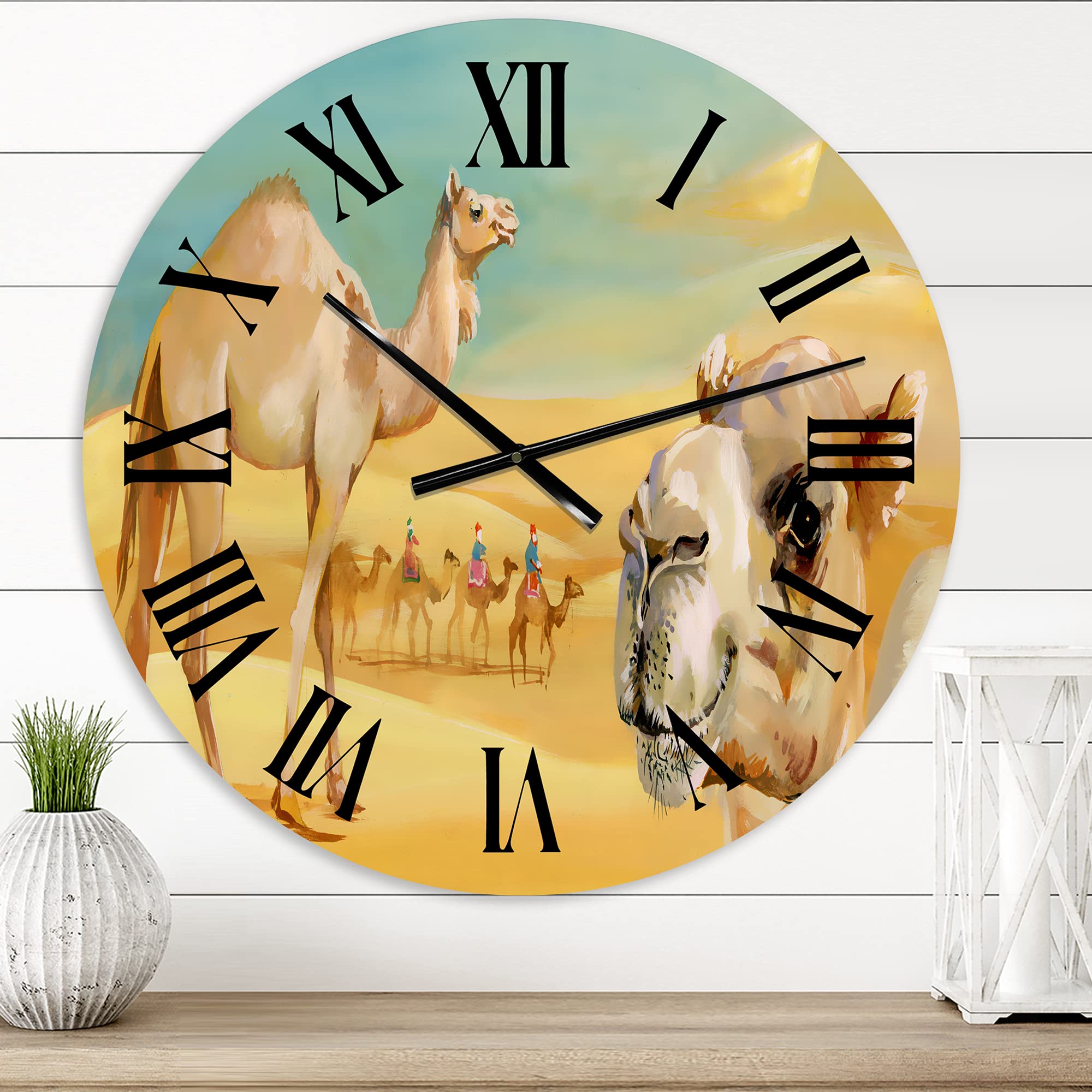 DesignQ Farmhouse Wall Clock 'Camels in The Desert' Animals Large Wall Clock for Bedroom, Living Room, Office Decor