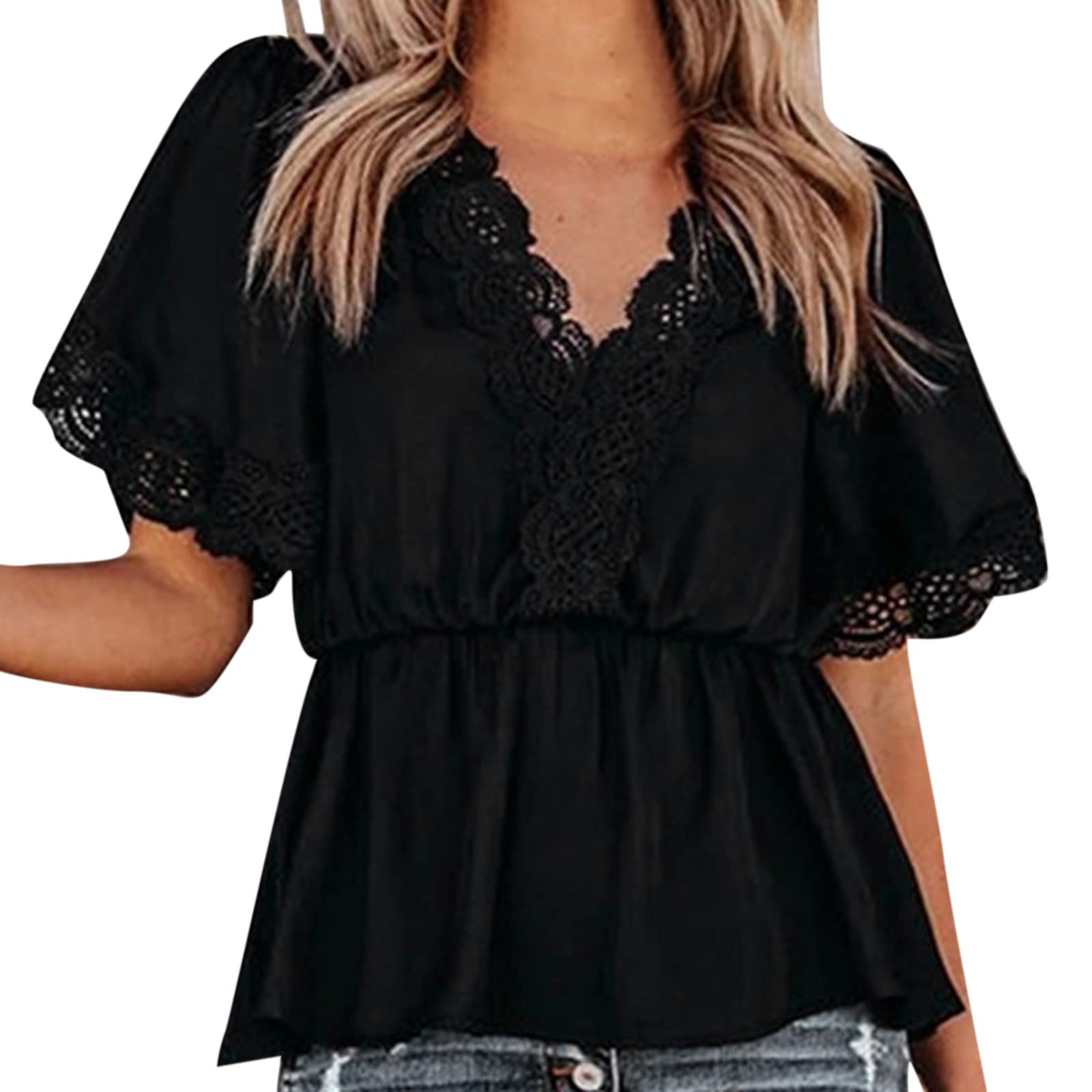 Pomobie Women's Lace V-Neck Short Sleeve Blouse - Fashion Casual Tops for Women, Breathable & Comfortable Shirt for Office, Dating & Summer Outfits