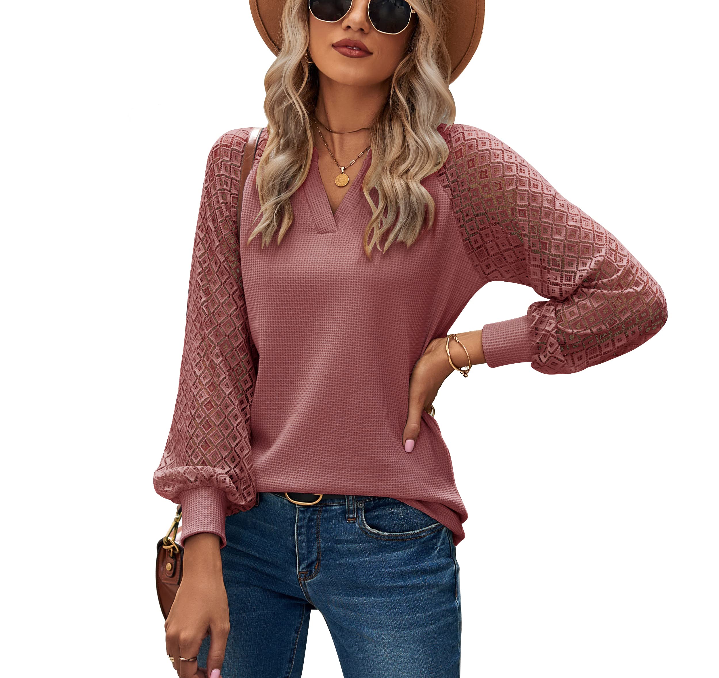 Women's Long Sleeve Lace Blouse - V Neck Waffle Knit Tunic Top with Henley Button Detail | Casual Spring Loose Fit Shirt for Work, Date Night & Everyday Wear