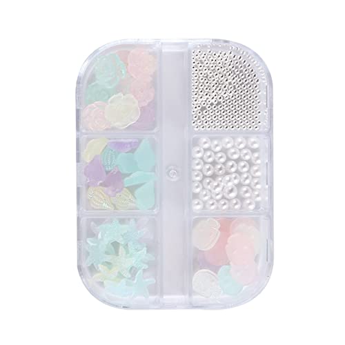 3D Flower Nail Art Charms - 6 Grid Acrylic Nail Decorations with Luminous Camellia, Rose & Starfish Designs, Pearls & DIY Manicure Accessories - Perfect for Nail Salon, Home Manicure & Party Nail Art