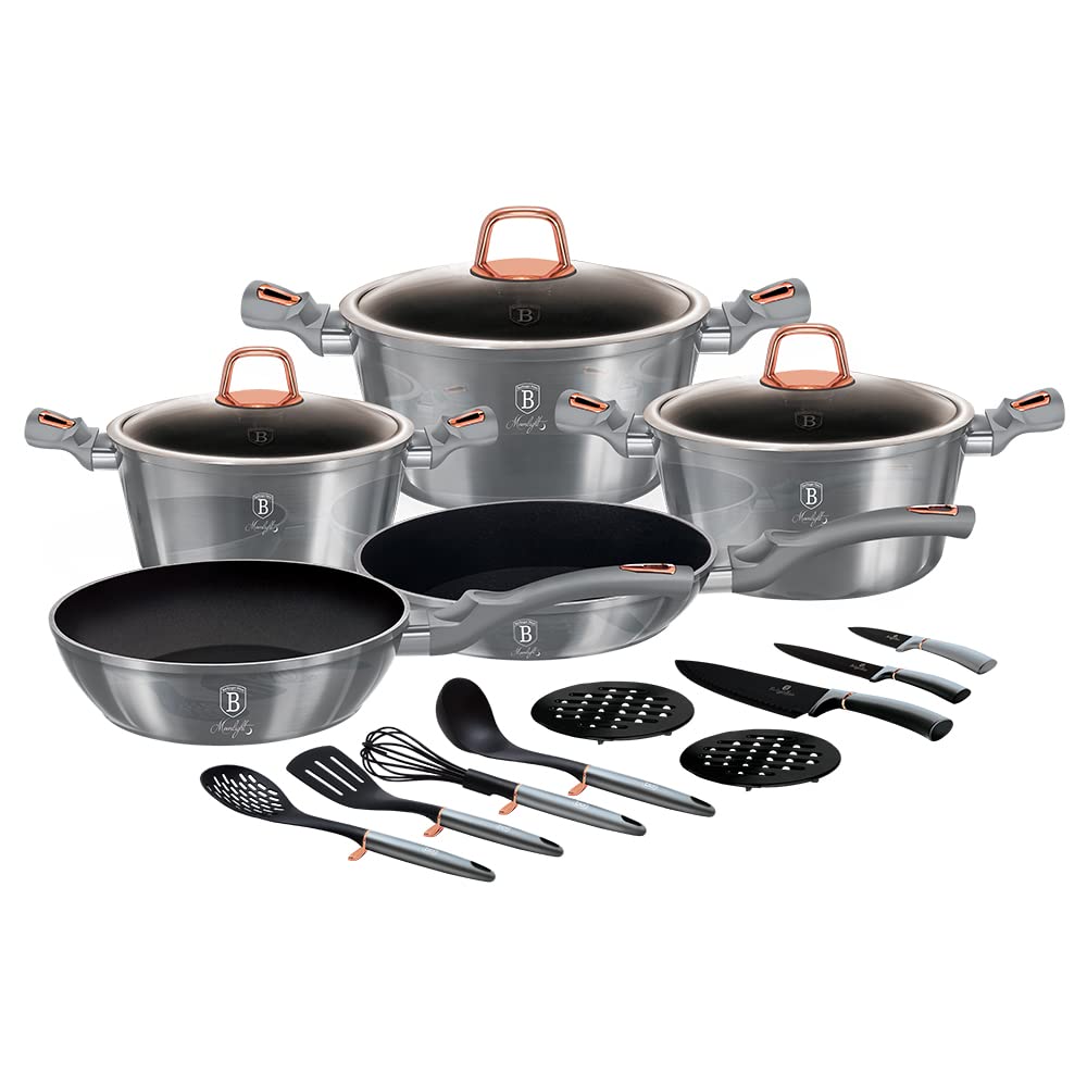 Berlinger Haus 17-Piece Nonstick Cookware Set with Utensils & Knives - Induction Compatible Pots & Pans with Ergonomic Handles, Dishwasher Safe (Silver) - Perfect for Home Cooking, Meal Prep & Professional Chefs
