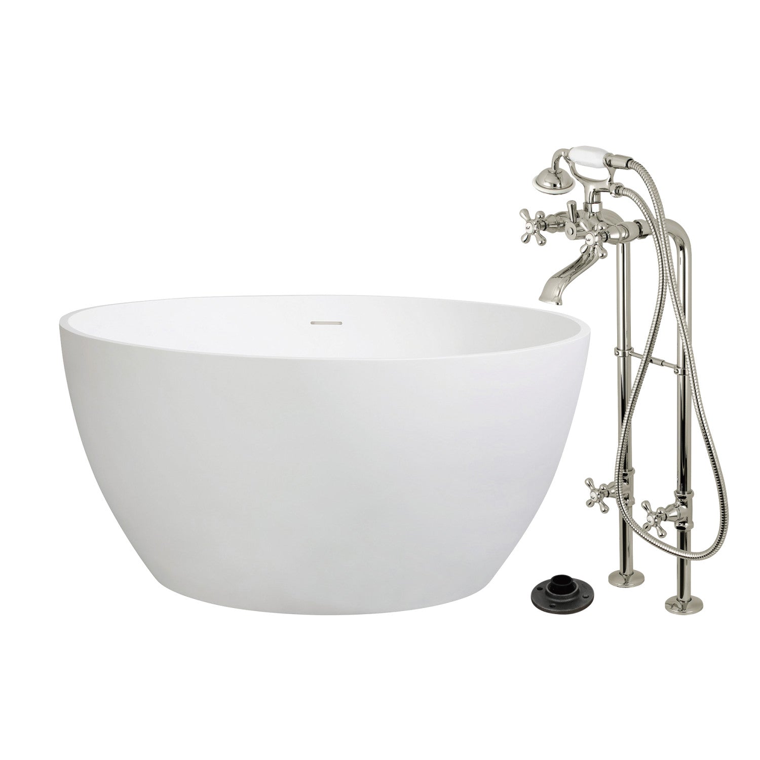 Arcticstone 45 Inch Freestanding Bathtub - Solid Surface Round Double Ended Soaking Tub with Faucet Combo & Drain in Polished Nickel - Perfect for Luxury Bathroom & Spa Relaxation