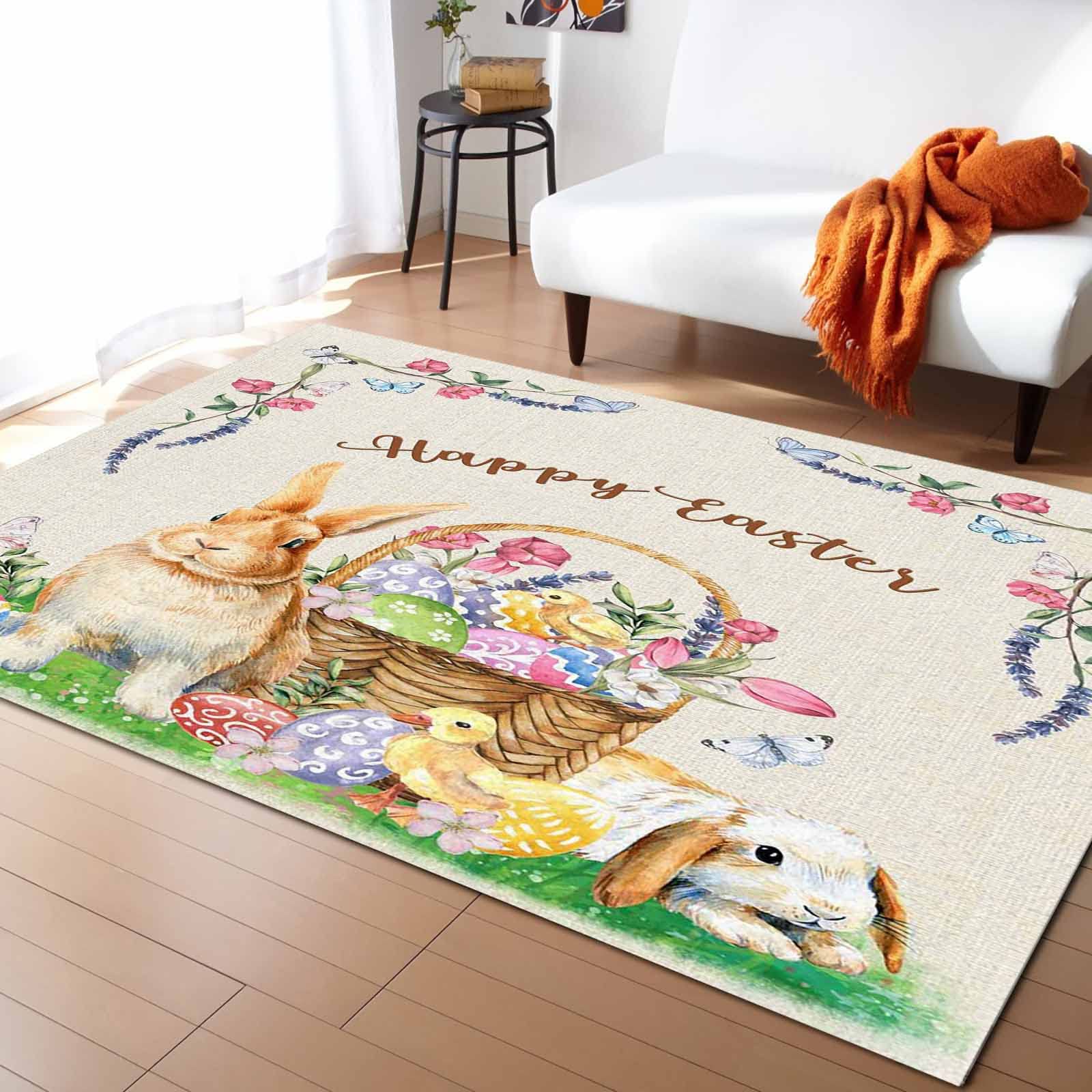 Easter Bunny Farmhouse Area Rug 5' x 8' Non-Slip Washable Accent Rug for Living Room, Bedroom, Kitchen - Holiday Decor with Easter Basket & Egg Design - Perfect for Front Porch, Bath Runner, and Floor Doormat