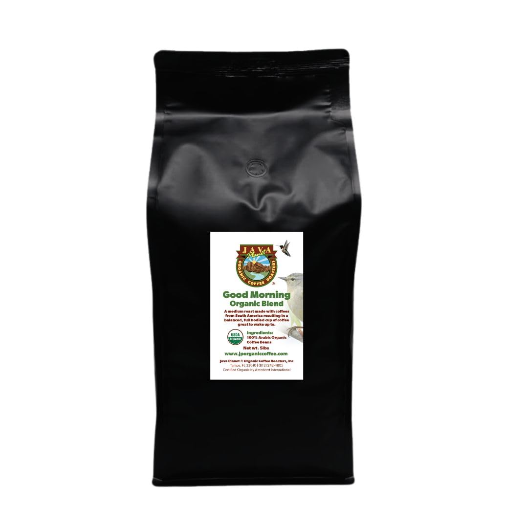 Organic Good Morning Blend Medium Roast Coffee Beans - Low Acid, Smooth Full Flavor, Whole Bean, 5LB Bag - Perfect for Breakfast & Office Brewing