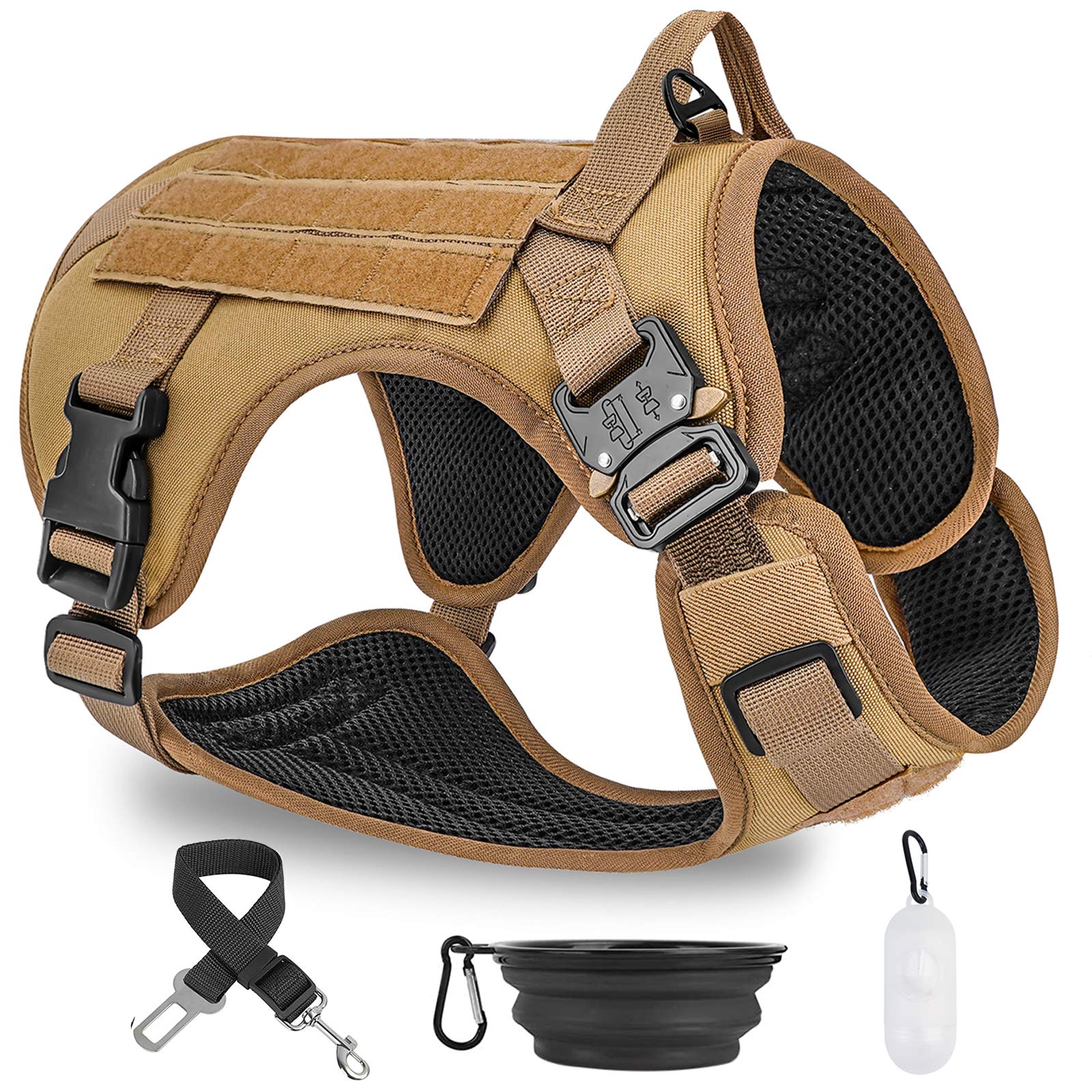 PAWDAY Tactical Dog Harness - No Pull Front Leash Clip for Large & Medium Dogs, Adjustable Pet Vest for Training, Hunting & Walking - Includes Poop Bag Dispenser, Travel Bowl & Car Seatbelt - Perfect for Outdoor Adventures & Daily Walks