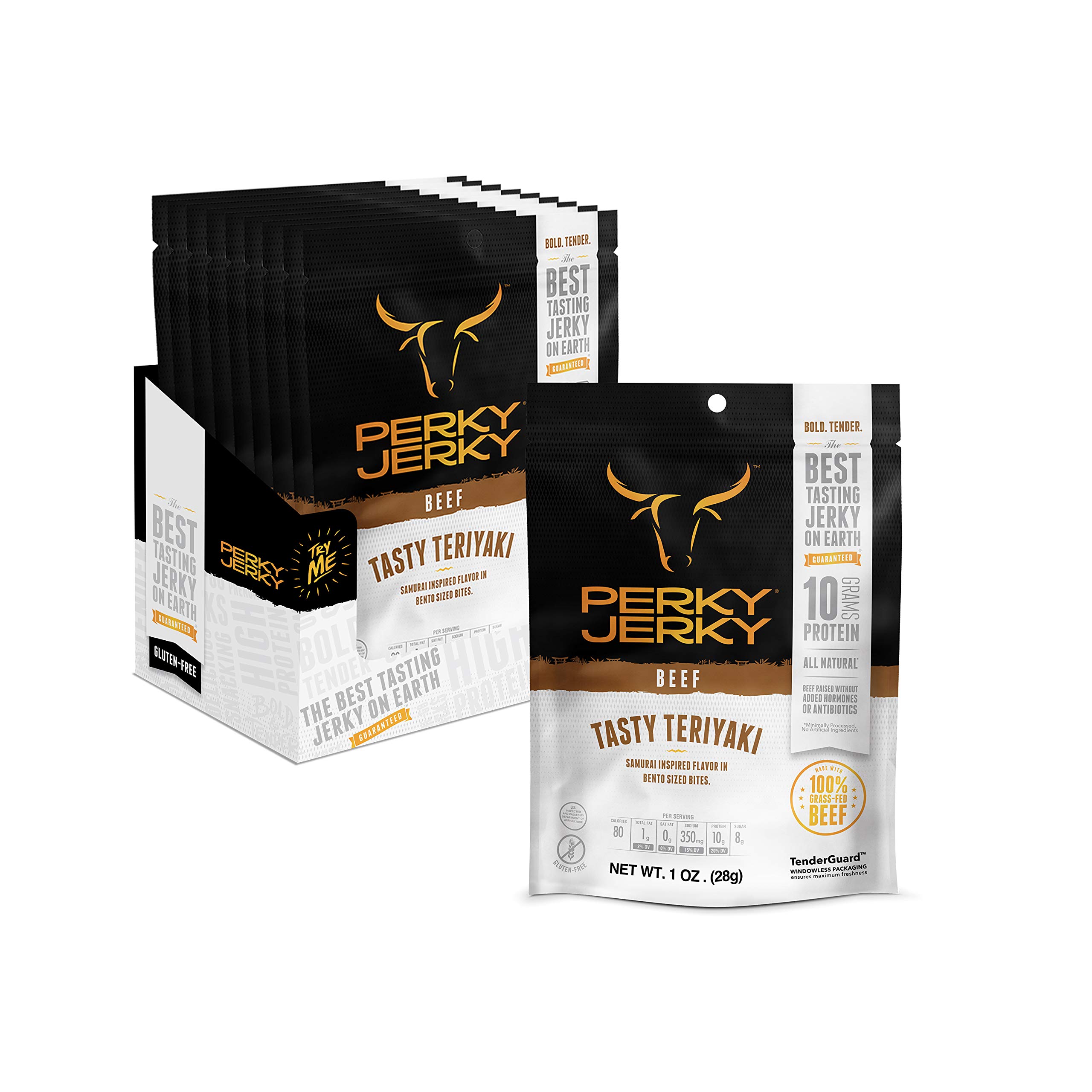 Perky Jerky Tasty Teriyaki 100% Grass Fed Beef Jerky, 1oz (Pack of 12) - Antibiotic & Hormone Free - High Protein Snack (10g per Serving) - Low Fat & Tender - Perfect for Hiking, Camping & On-the-Go Nutrition