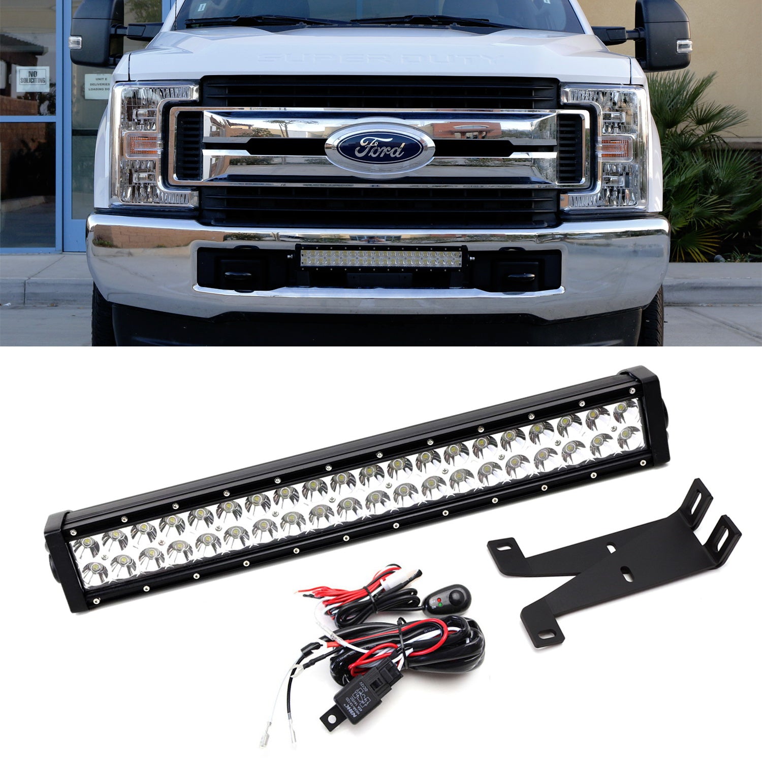 120W 20-Inch LED Light Bar with Lower Bumper Bracket & Wiring Harness - Compatible with 2017-2022 Ford F250 F350 Super Duty - Off-Road, Fog Lights, Hunting, Camping, Truck Accessories