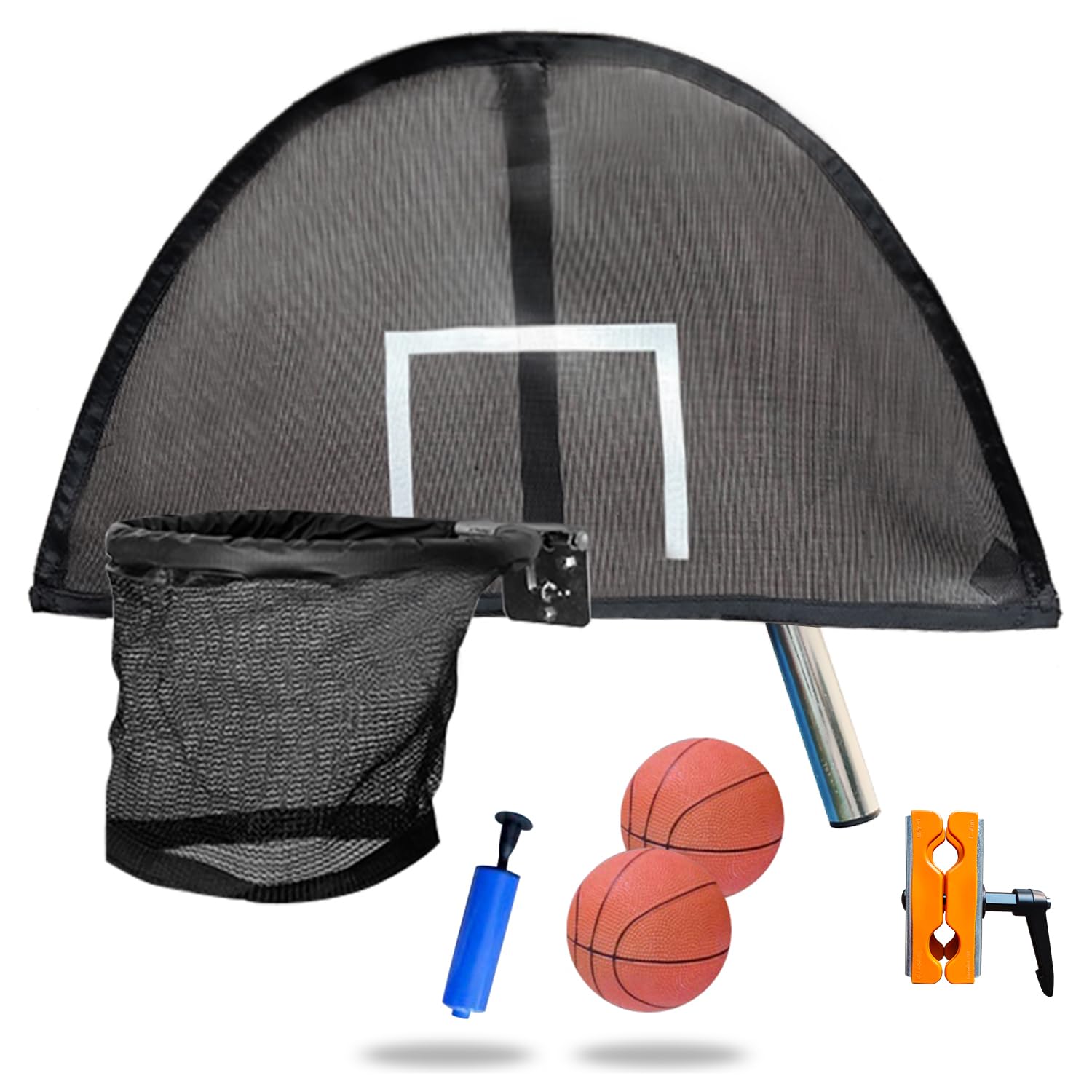 Trampoline Basketball Hoop Set - Universal Lightweight Backboard with 2 Mini Basketballs & Air Pump - Easy Assembly for Curved/Straight Poles - Perfect for Backyard Fun, Kids Outdoor Games & Trampoline Sports Activities