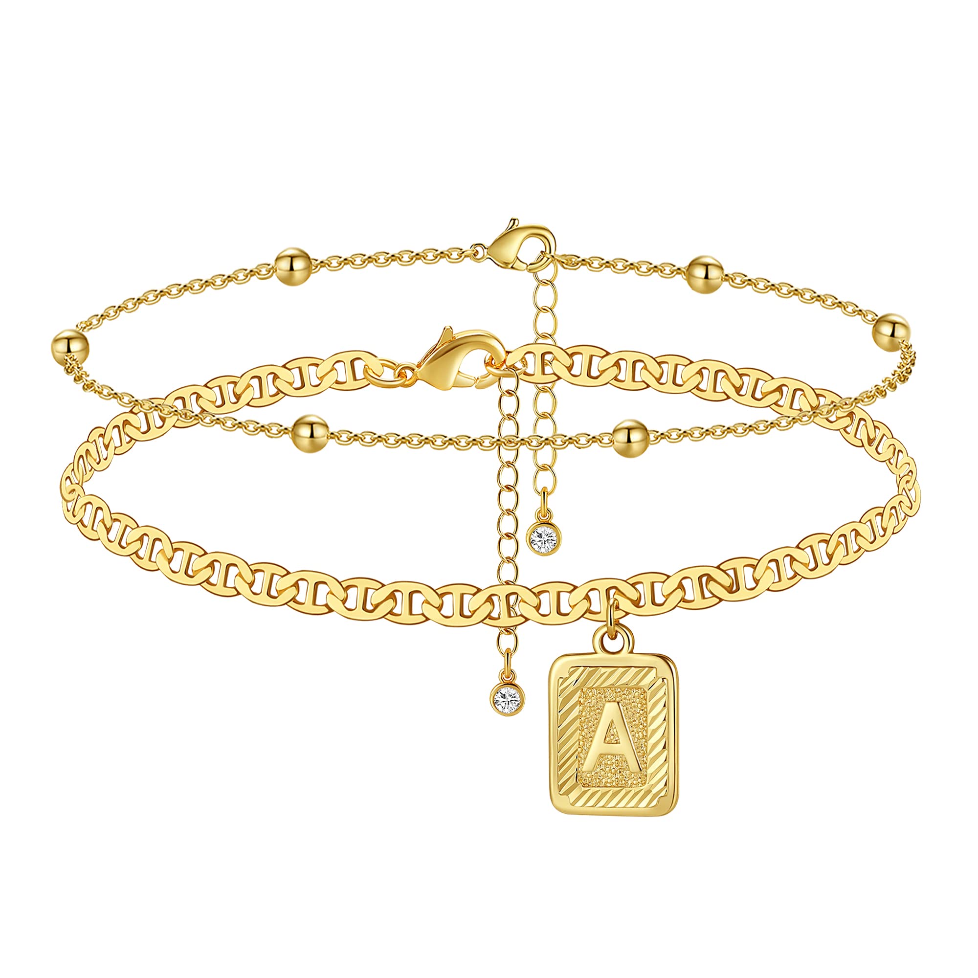 14K Gold Plated Initial Anklet for Women - Personalized Letter Charm Ankle Bracelet with Square Pendant, Elegant Flat Marina Foot Chain Jewelry Gift for Her | Perfect for Beach Vacations, Date Nights & Special Occasions