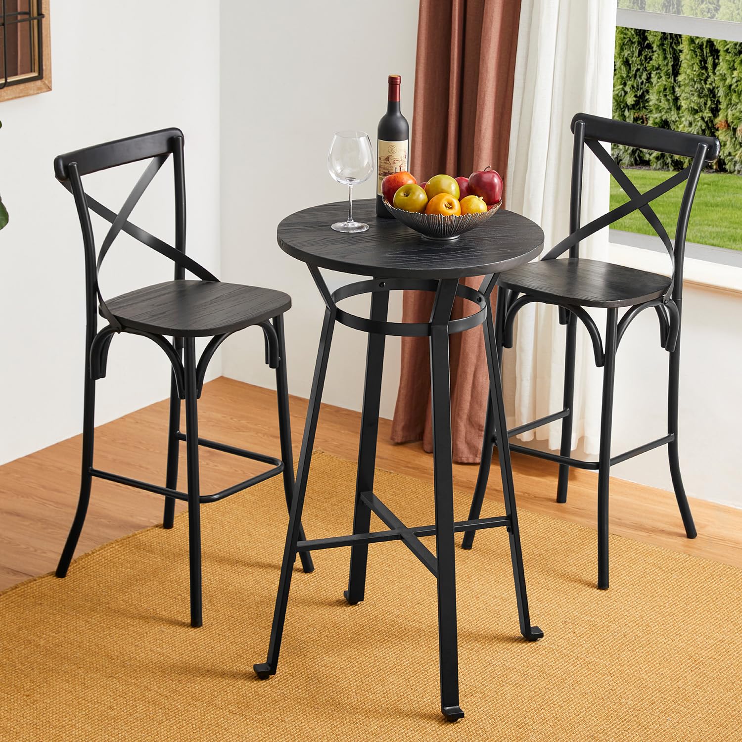 Glitzhome 3-Piece Black Steel Round Bar Table & High Back Bar Stools Set - Modern Dining Set for Kitchen, Breakfast Nook & Small Space Entertaining
