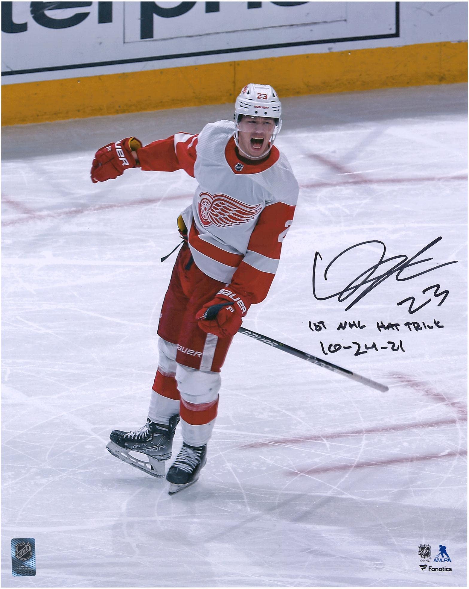 Lucas Raymond Detroit Red Wings Autographed 16x20 Photo - 1st NHL Hat Trick Celebration 10/24/21 - Signed Hockey Memorabilia - Perfect for Sports Fans, Man Cave Decor & Hockey Collectors