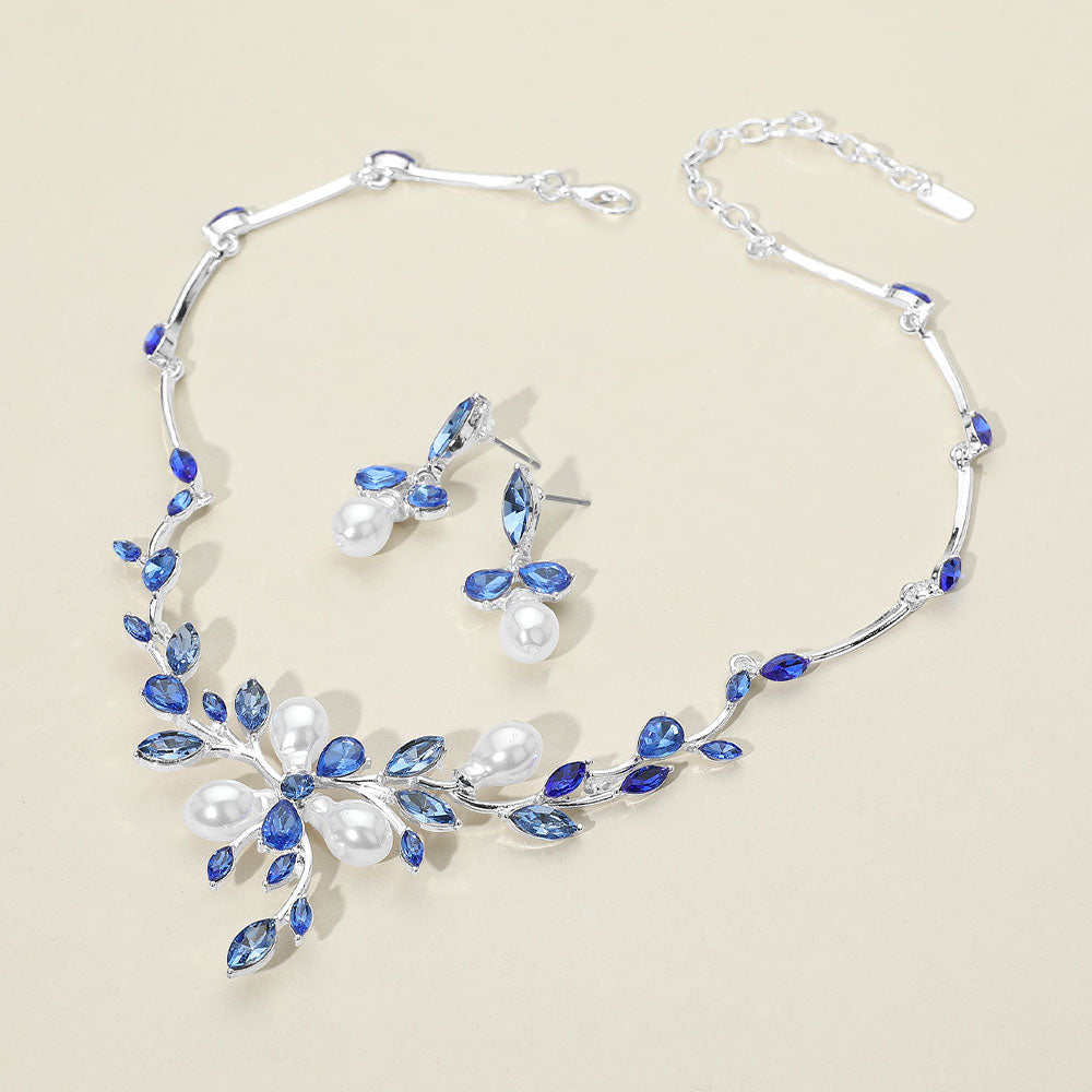 Light Sapphire Marquise Stone & Pearl Leaf Necklace Set - Elegant Jewelry for Women | Perfect for Weddings, Anniversaries & Special Occasions | 665713