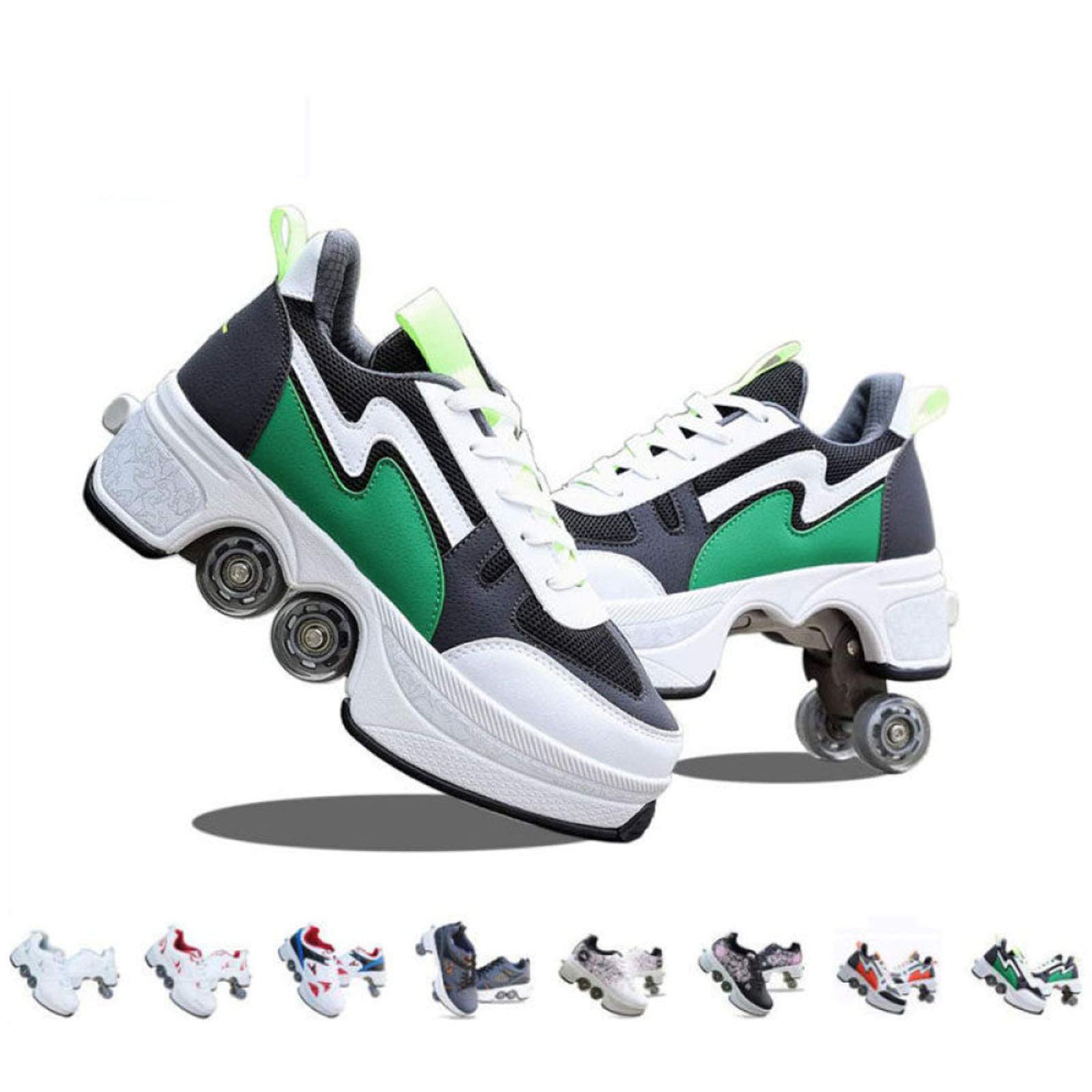 Best Roller Skates for Girls & Women - 2-in-1 Parkour & Inline Skating Shoes with Wheels for Adults - Double-Row Quad Outdoor Sports Roller Skates - Green Size 38 - Perfect for Park Skating, Fitness & Fun Outdoor Activities