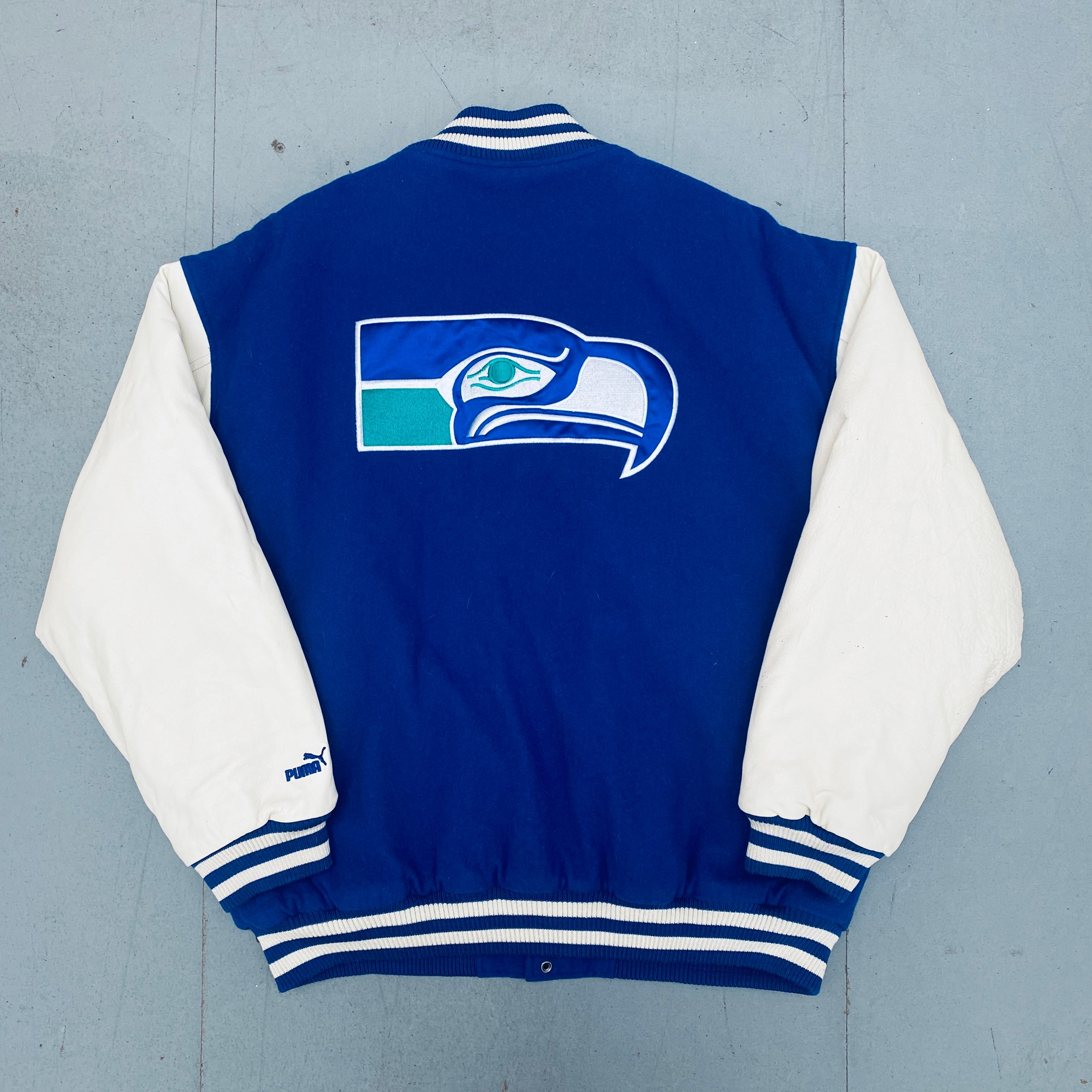 Seattle Seahawks 1990s Vintage Puma Leather Sleeve Wool Varsity Jacket XL - Retro Football Fan Gear for Game Day & Casual Wear