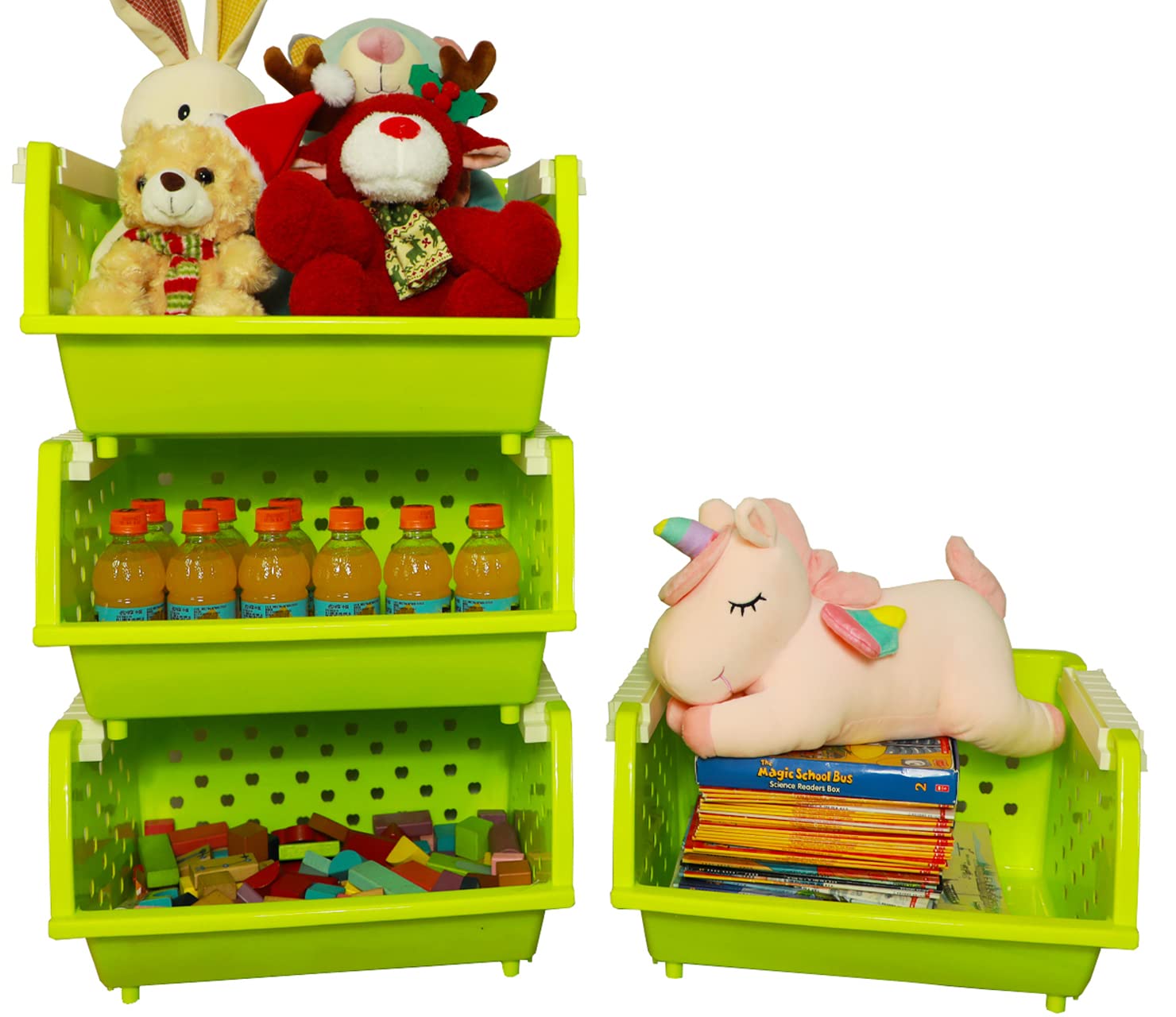 HOMRELA Stackable Plastic Storage Bins - 4 Pack Green Organizer Baskets for Kitchen, Pantry, Closet & Home | Perfect for Food, Fruits, Snacks, Toys & Household Items | Space-Saving Cabinet & Shelf Organizer Solution