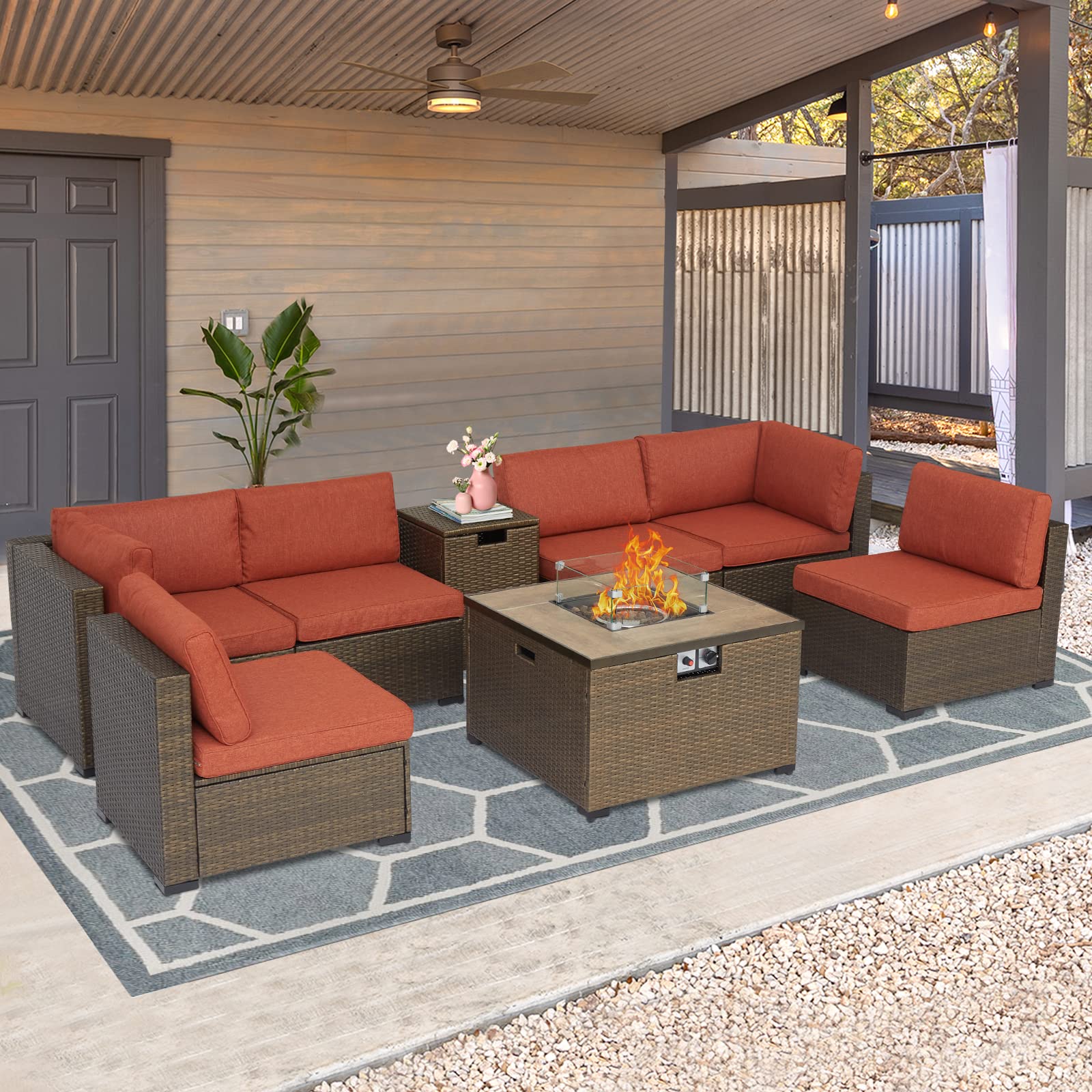 Kinbor 8-Piece Outdoor Patio Furniture Set - Wicker Rattan Sectional Sofa with Gas Fire Pit, Maple Red - Perfect for Backyard, Garden, Poolside & Patio Conversations