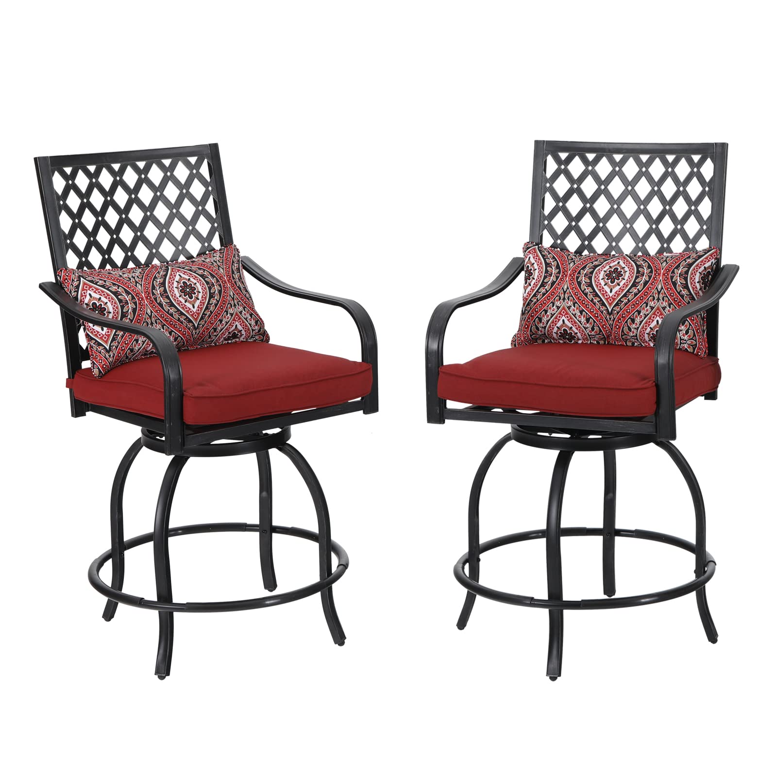 Sophia & William 2-Piece Outdoor Swivel Bar Stools Set - All-Weather Metal Bar Height Chairs with Armrests & Red Cushions for Patio, Garden, Backyard - Perfect for Outdoor Dining, Entertaining & Relaxing