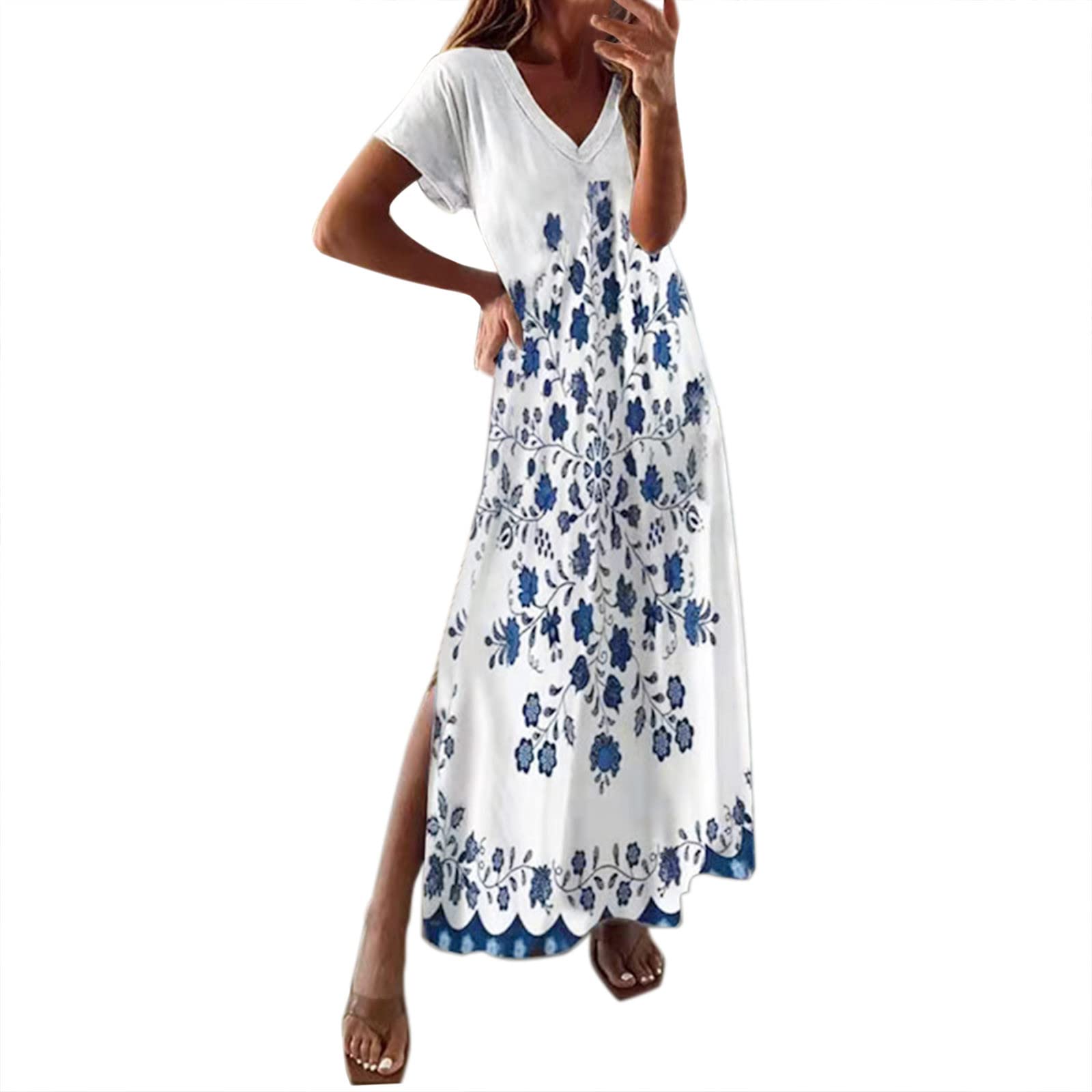 Women's Floral Print Casual Summer Dress - Loose Fit, Short Sleeves with Side Slit - Perfect for Beach, Vacation & Outdoor Activities