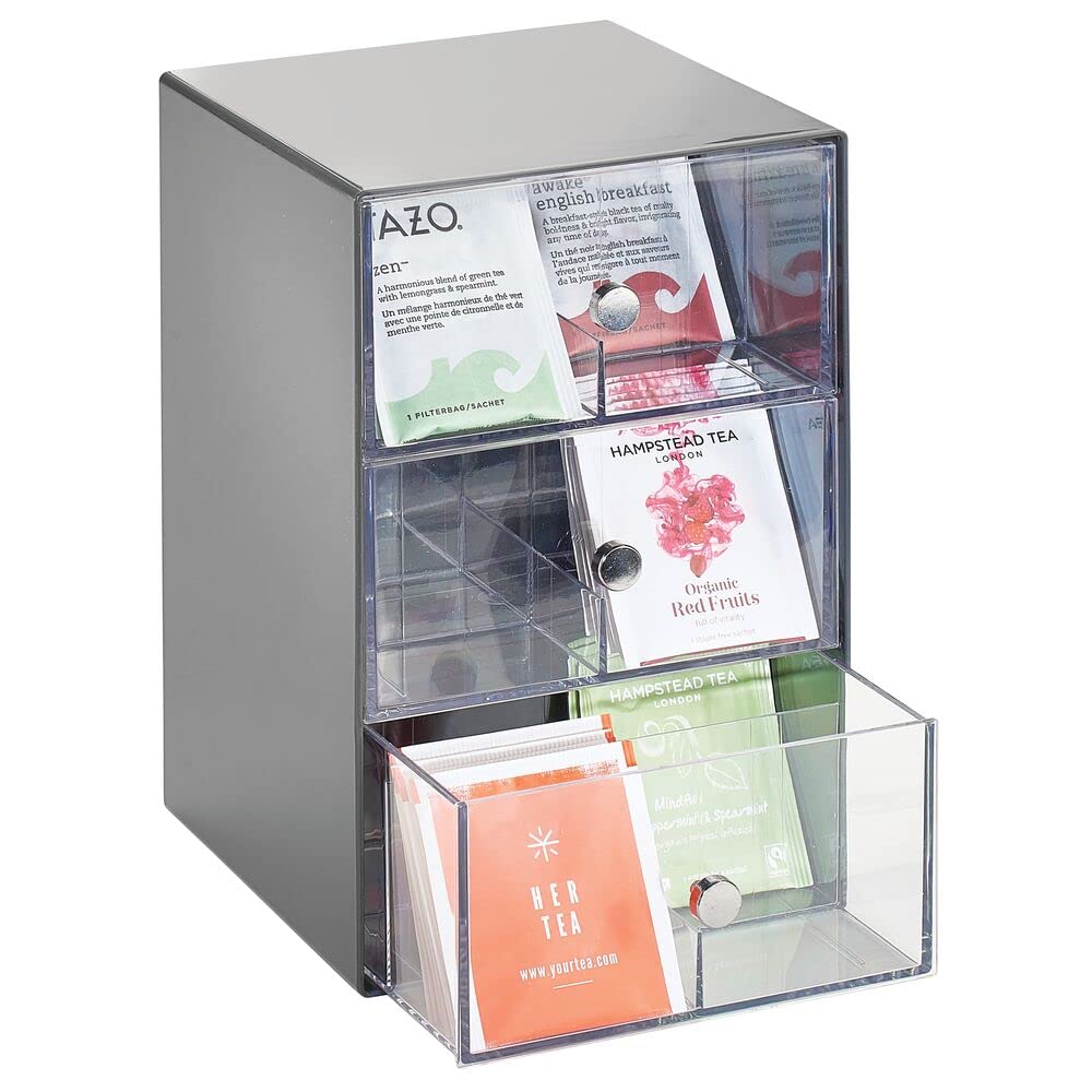 Plastic Kitchen Organizer with 3 Drawers - 18 Sections for Coffee, Tea & Sugar Storage - Pantry & Countertop Use