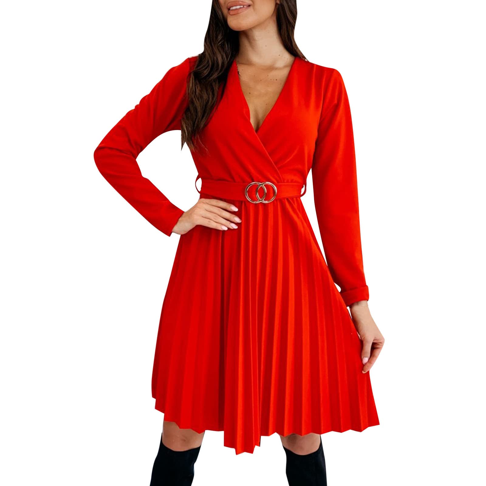 Elegant Women's Long Sleeve Pleated Midi Dress - Stretchy A-Line Party & Cocktail Dress for Women 2022 | Perfect for Office, Wedding, Date Night & Special Occasions