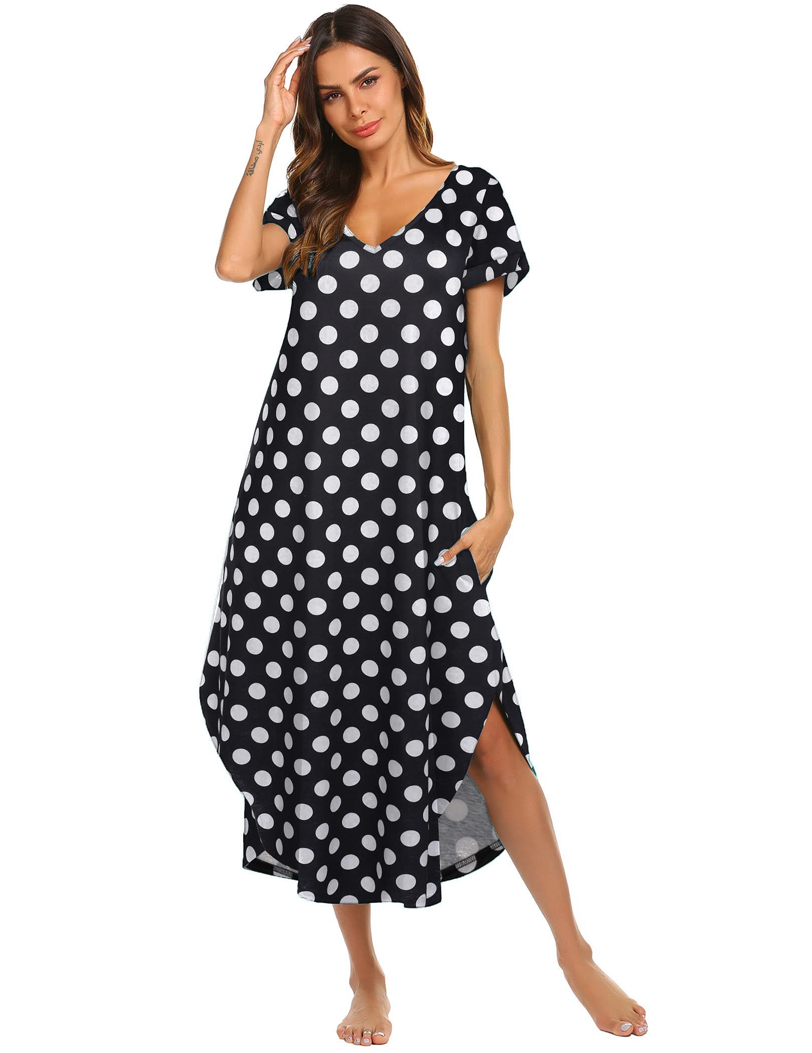 Ekouaer Women's V-Neck Nightgown with Pockets - Short Sleeve Sleepwear Nightshirt with Side Split - Comfortable Long Nightdress Sizes S-3XL - Perfect for Relaxing at Home, Lounging & Sleeping