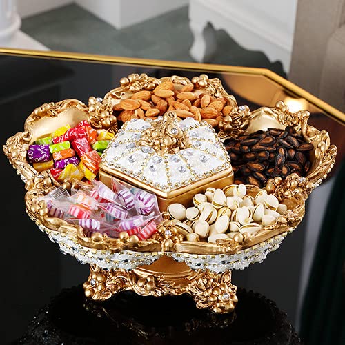 WLTK Premium Handmade Rhinestone Luxury Ceramic Fruit Plate - 6 Grid Elegant Dried Fruit & Snack Tray for Dining Table, Coffee Table Decor, and Party Serving