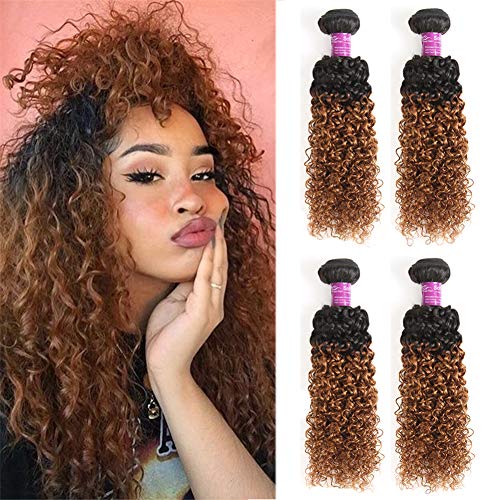 Ombre Curly Weave Human Hair 4 Bundles - 1B/30 Brazilian Kinky Curly Hair Extensions for Black Women (18
