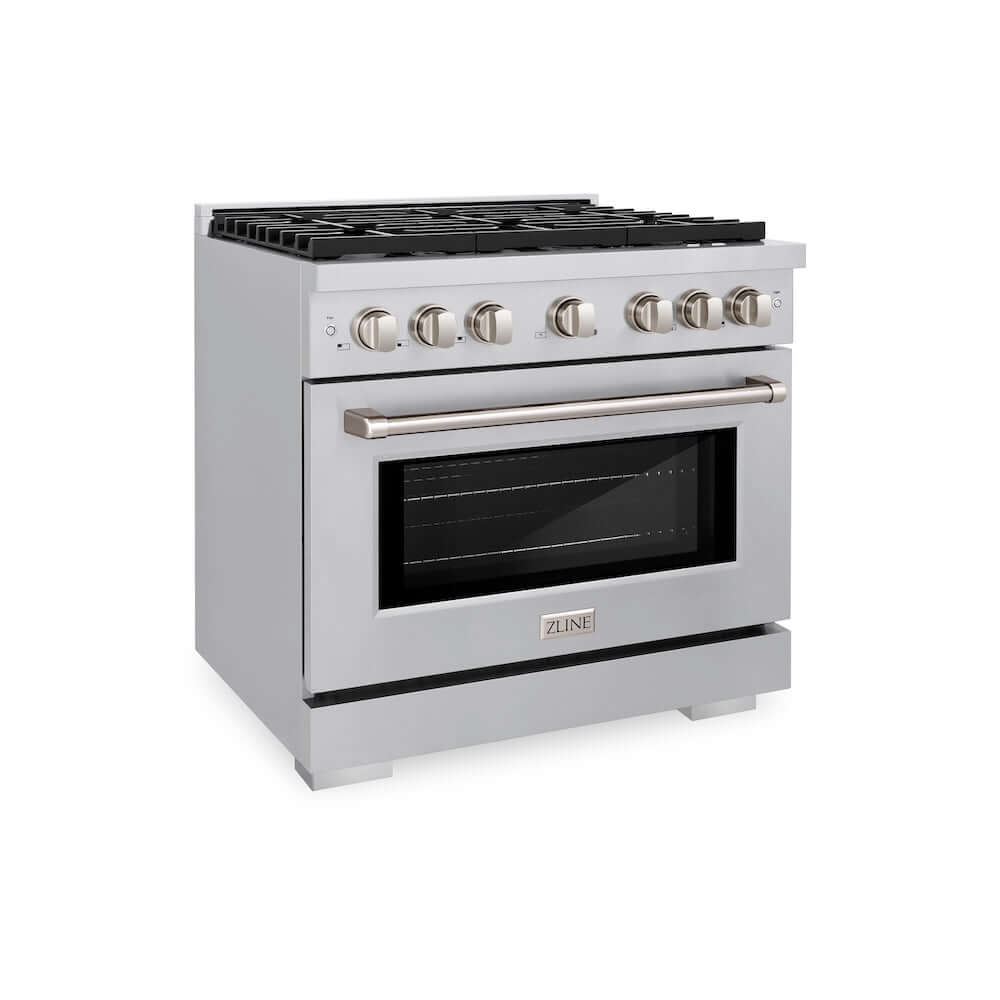 ZLINE 36 Inch 5.2 Cu. Ft. Stainless Steel Gas Range with Convection Oven & 6 Brass Burners - Professional SGR BR 36 Model for Modern Kitchens & Home Chefs