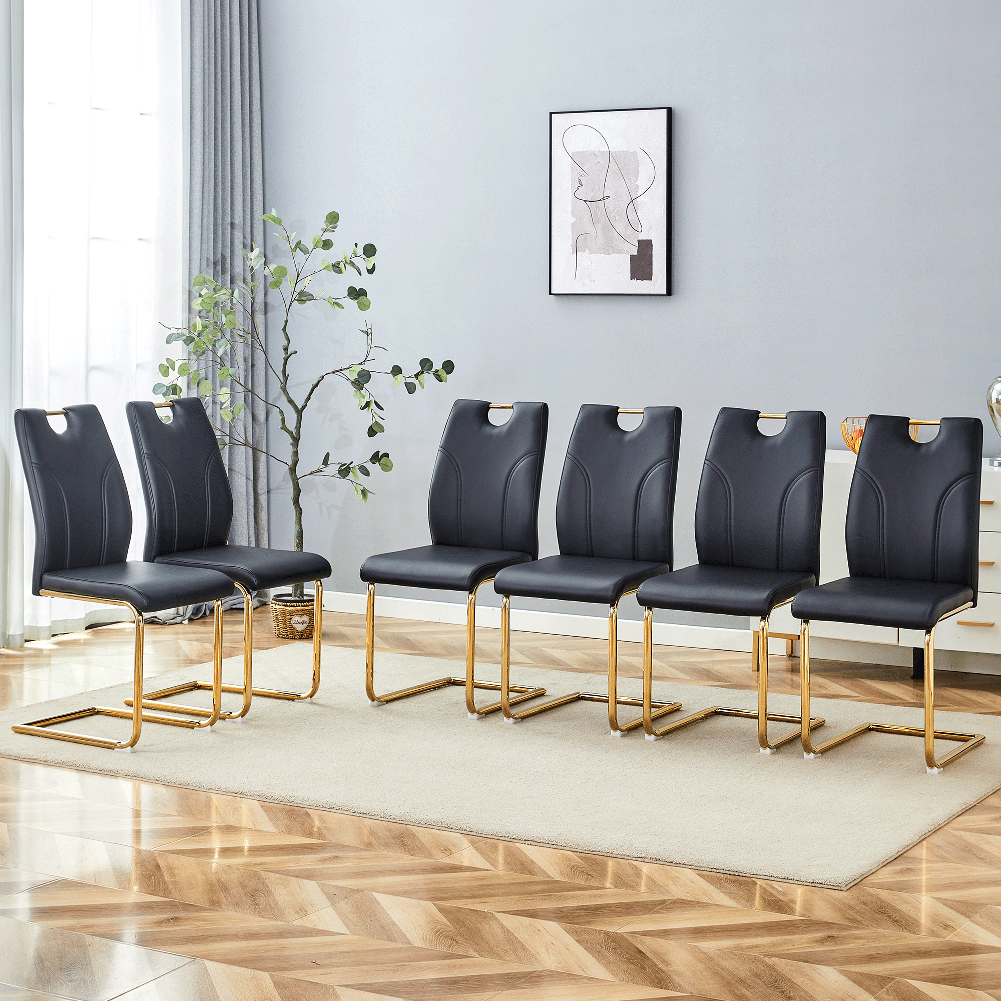 Modern Black PU Dining Chairs Set of 6 - Elegant Gold Metal Legs, Waterproof & Durable for Kitchen, Restaurant, Office - Perfect for Dining Room, Conference Room & Home Decor