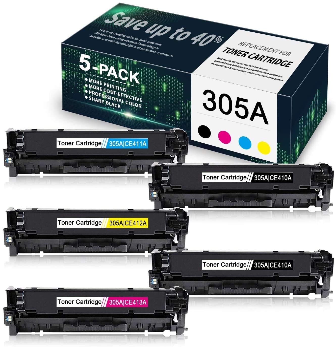 Compatible Remanufactured Ink Cartridges for HP 305A (CE410A CE411A CE412A CE413A) - 5-Pack (2 Black + 1 Cyan + 1 Yellow + 1 Magenta) - Works with HP M351a M451nw M451dn M451dw M475dn M475dw M375nw Printers - Perfect for Home & Office Printing Needs