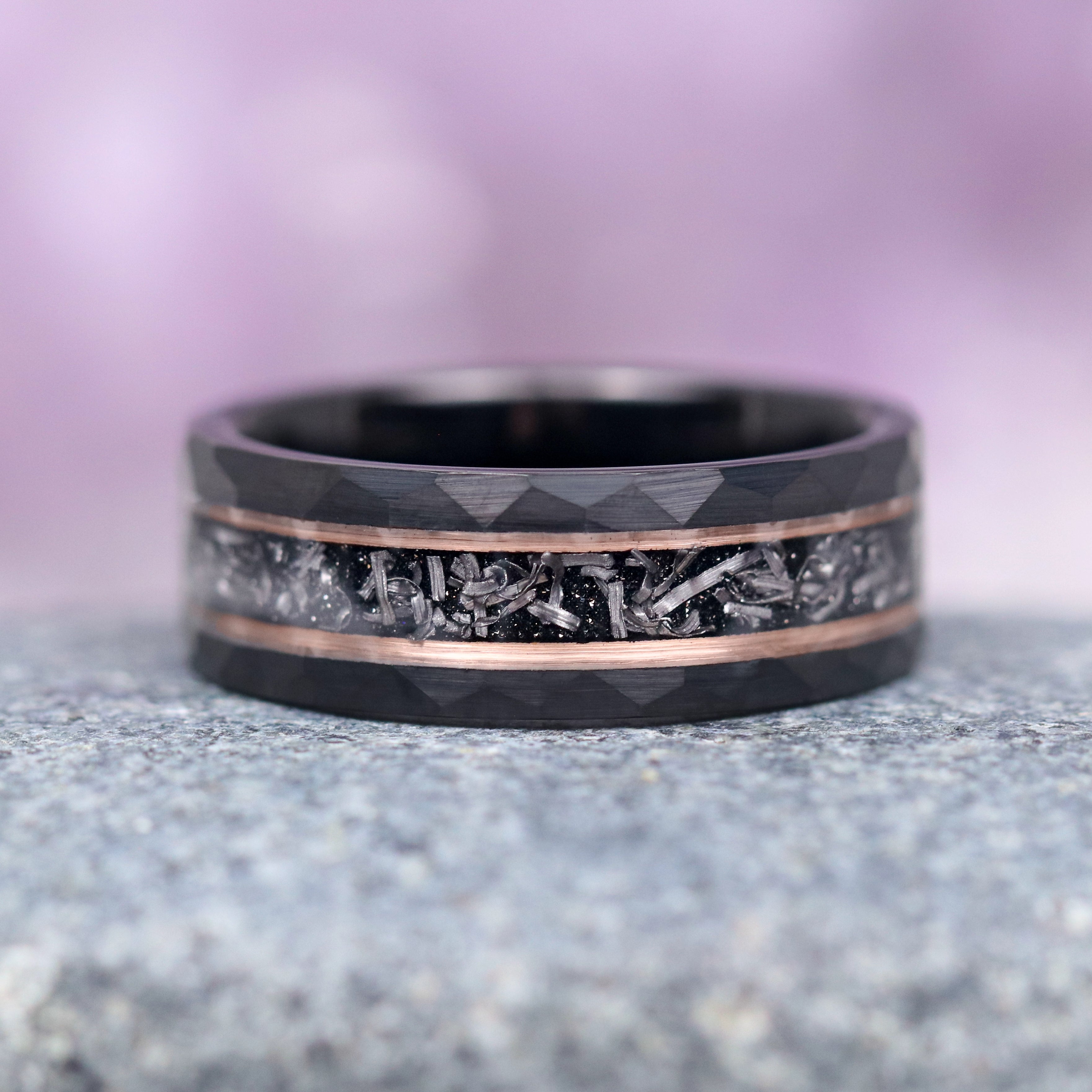 8MM Rose Gold & Black Tungsten Galaxy Meteorite Starry Hammered Wedding Band for Men - Perfect for Engagements, Anniversaries, and Unique Gifts
