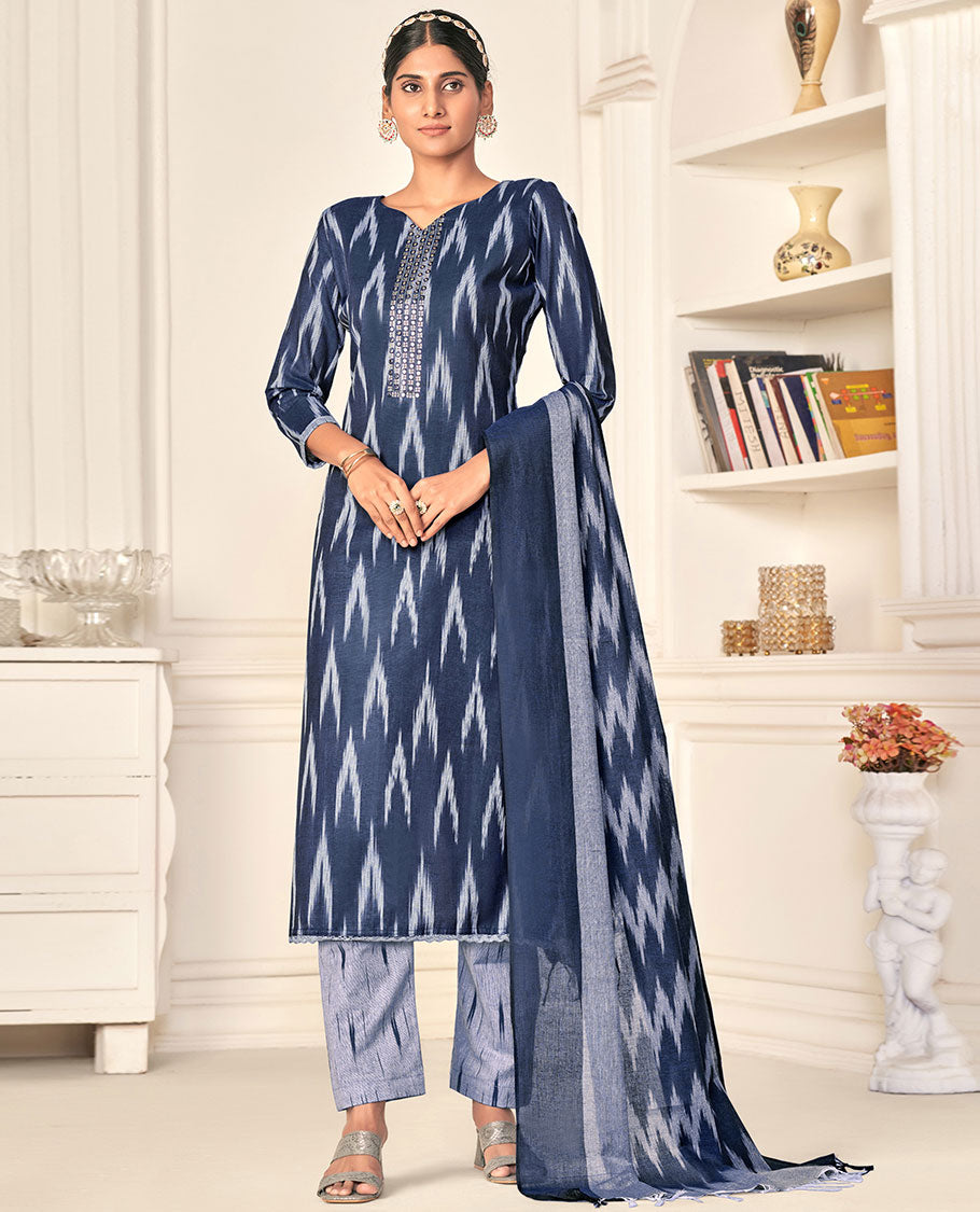 Blue Cotton Chudidhar Set with Ikat Buttas & Neck Embroidery Top, Contrast Bottom & Dupatta - Traditional Indian Ethnic Wear for Festivals, Weddings & Special Occasions