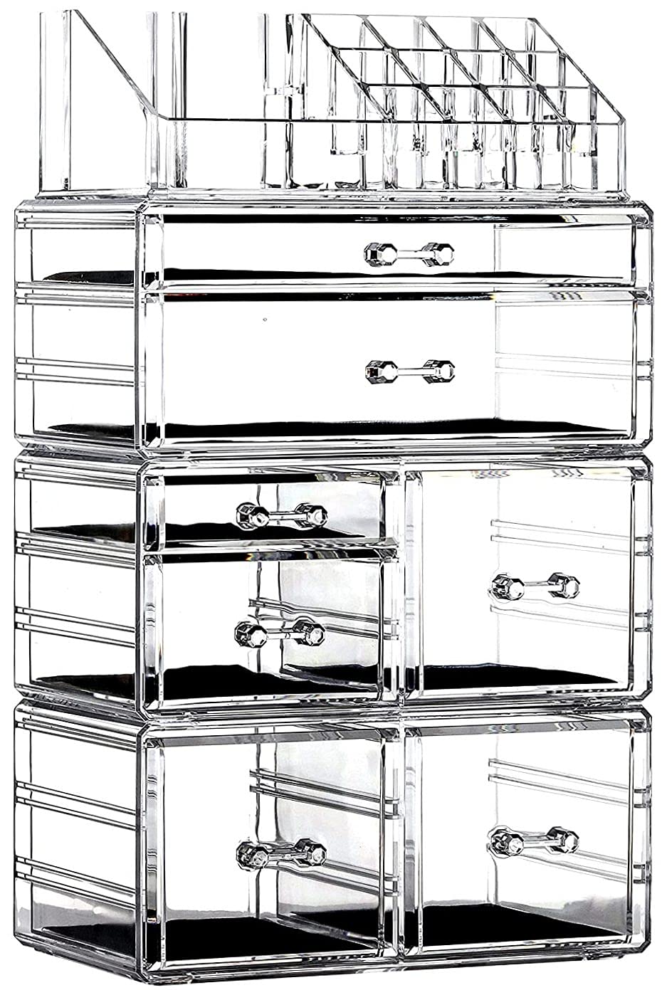 4-Pack Clear Acrylic Makeup Organizer Set - Stackable 7-Drawer Vanity Storage for Jewelry, Hair Clips & Skincare - Cute Desk Organizer for Beauty Products & Cosmetics - Perfect for Bedroom, Bathroom & Dressing Table Organization