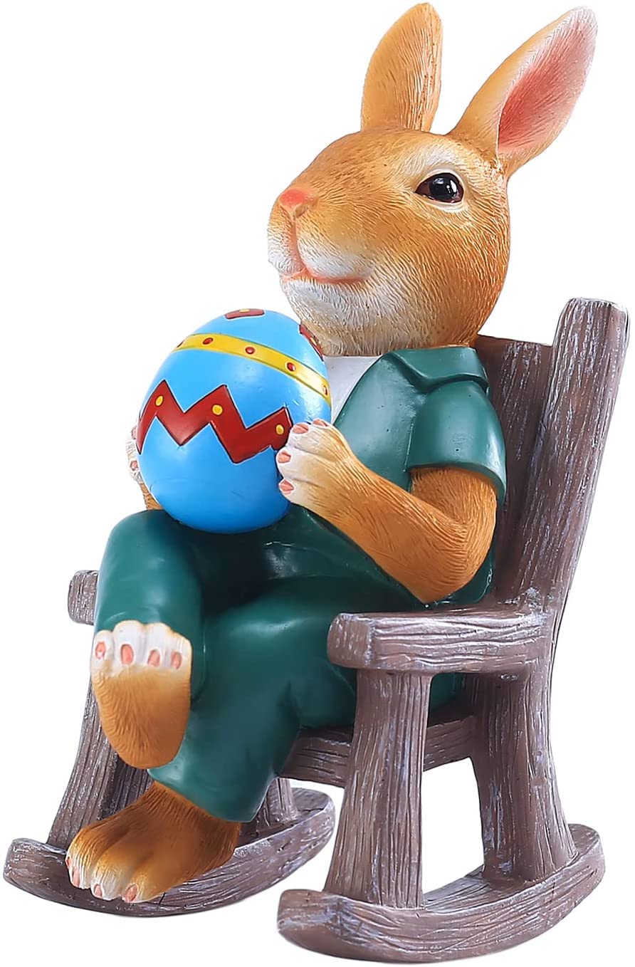 Bddalpke Resin Rabbit Statue - Lovely Bunny on Rocking Chair Holding Easter Egg Sculpture - Home Decor for Easter, Birthday Gifts & Wedding Centerpieces - Perfect for Spring Decorations, Tabletop Displays and Nursery Room Accents