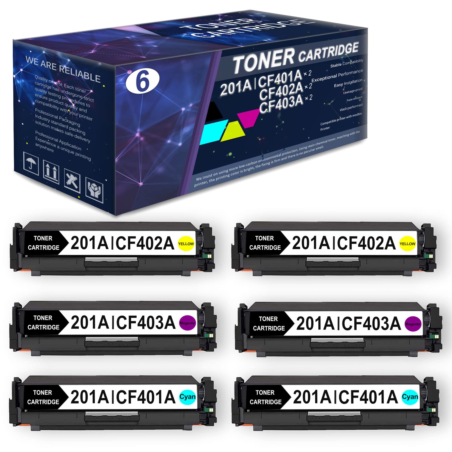(6 Pack) High Yield CF401A CF402A CF403A Toner Cartridge Replacement for HP Color Pro M252dw M252n M277n M277dw M277c6 M274n Printers - 2 Cyan, 2 Yellow, 2 Magenta | Compatible with Home & Office Printing, Documents, Photos, and Business Reports