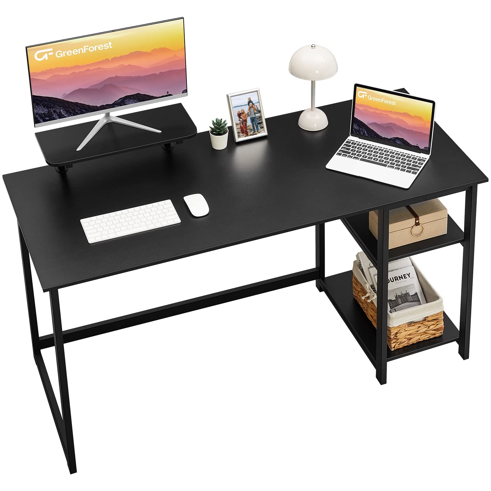 GreenForest 47-inch Modern Computer Desk with Monitor Stand & Storage Shelves - Adjustable Left/Right Side, Home Office Writing Study PC Laptop Work Table in Black - Perfect for Small Spaces & Remote Work Setup