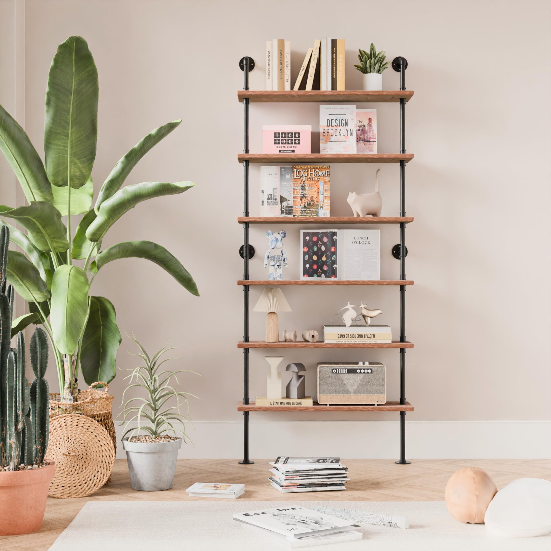 6 Tier Industrial Pipe Shelf - Rustic Wall Mounted Bookcase for Home & Office Storage | Perfect for Living Room Decor, Bedroom Organization & Garage Shelving