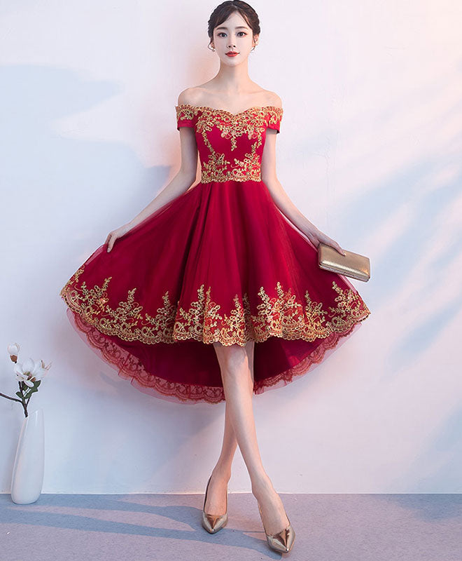 Elegant Burgundy Tulle Lace Short Prom Dress with High-Low Hem - Perfect for Homecoming, Prom Night & Special Occasions