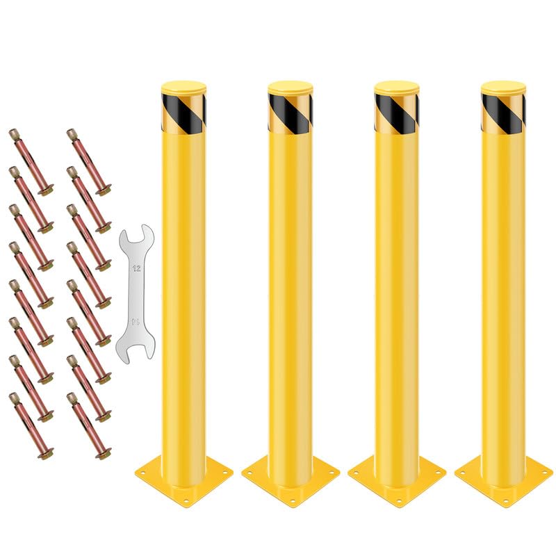 36x4.5 Inch Heavy Duty Steel Safety Bollards - 4 Pack Yellow Parking Barriers for Traffic Control & Warehouse Protection - Outdoor Driveway, Parking Lot & Industrial Area Use