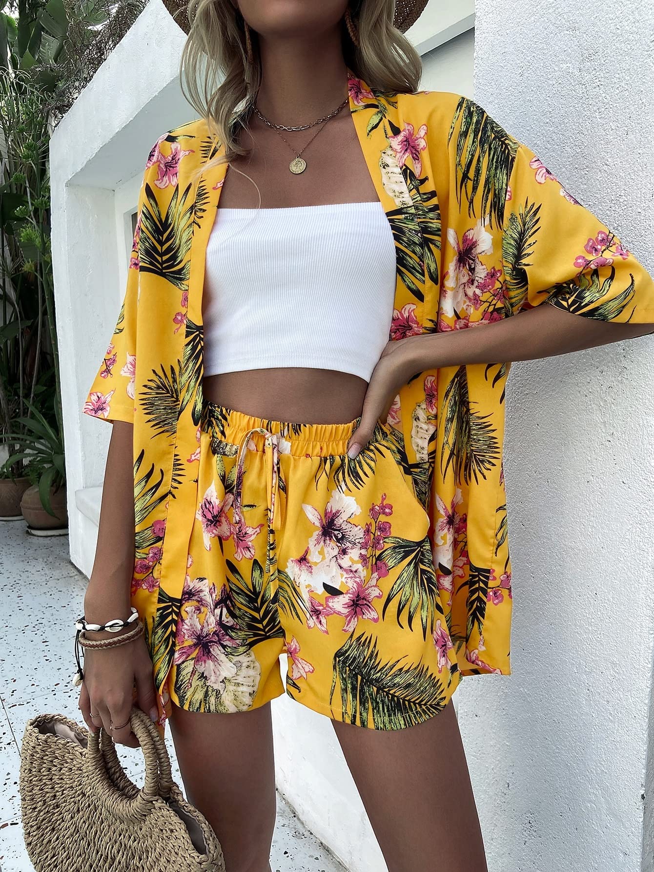 XENIS Women's Summer Floral Print Drop Shoulder Blouse & Tie Front Shorts Set - Sexy Casual Outfit for Beach, Vacation, and Date Night