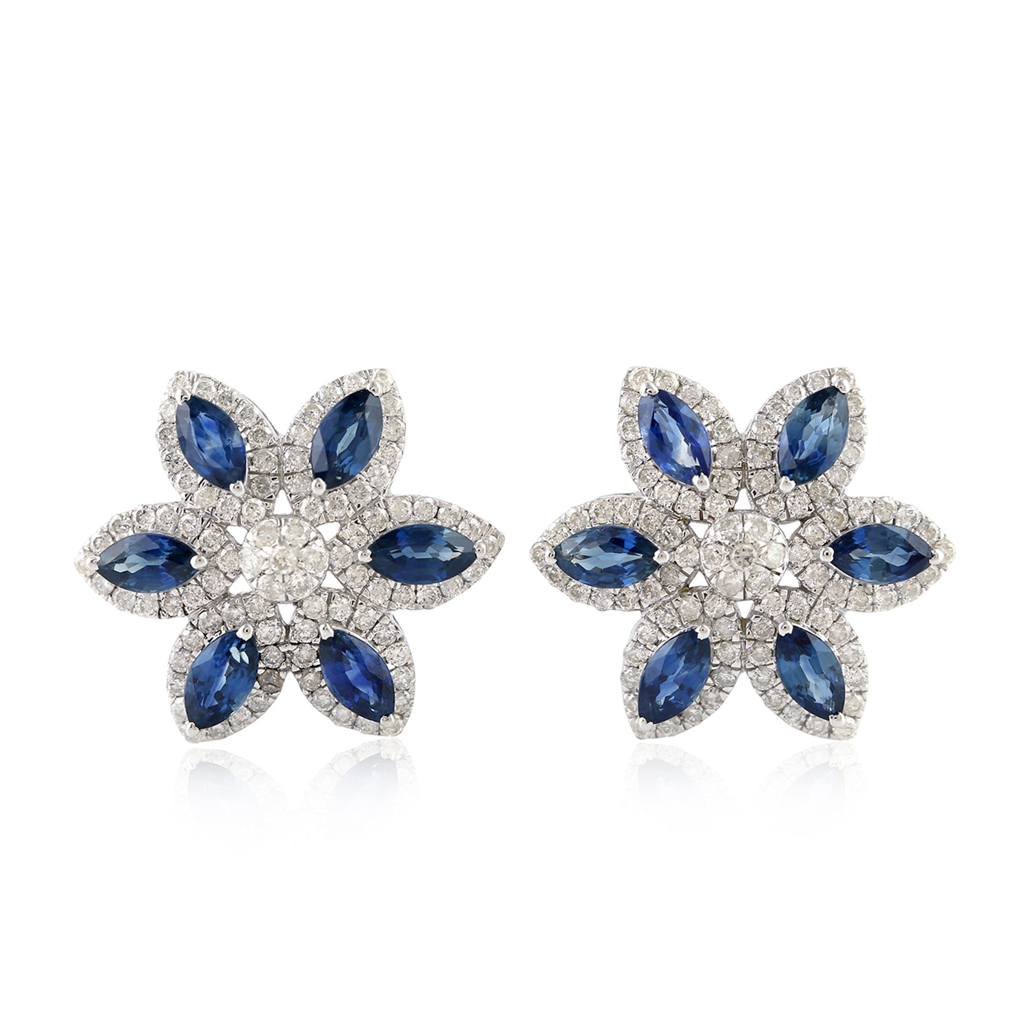 Exquisite Marquise Cut Blue Sapphire & Diamond Stud Earrings in 18K White Gold | Elegant Jewelry for Weddings, Anniversaries & Special Occasions