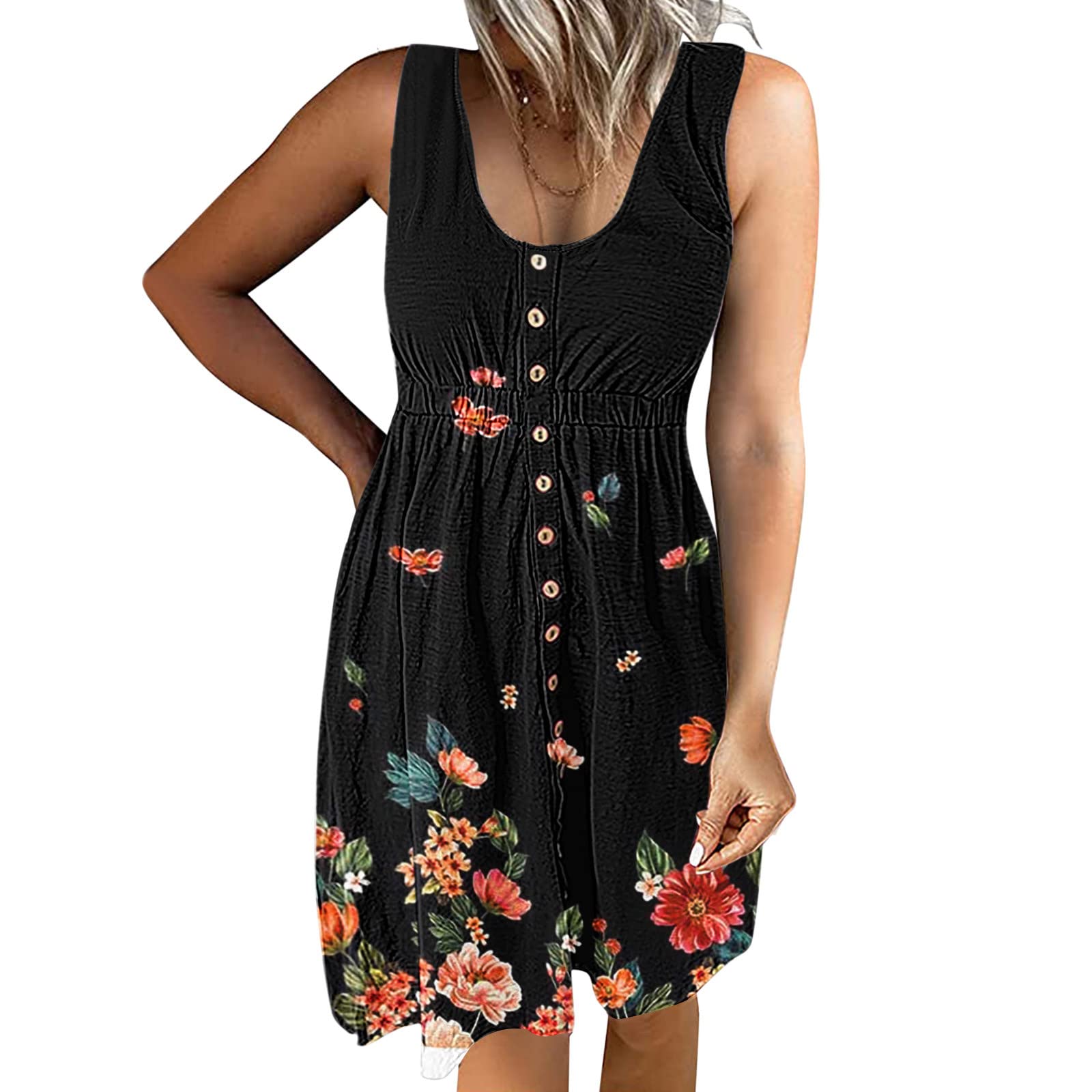 Women's Summer Dresses 2022 - Casual Sleeveless V-Neck Pocket Sundress for Beach, Vacation & Outdoor Activities | Flowy Comfort Dress for Travel, Picnic & Date Night