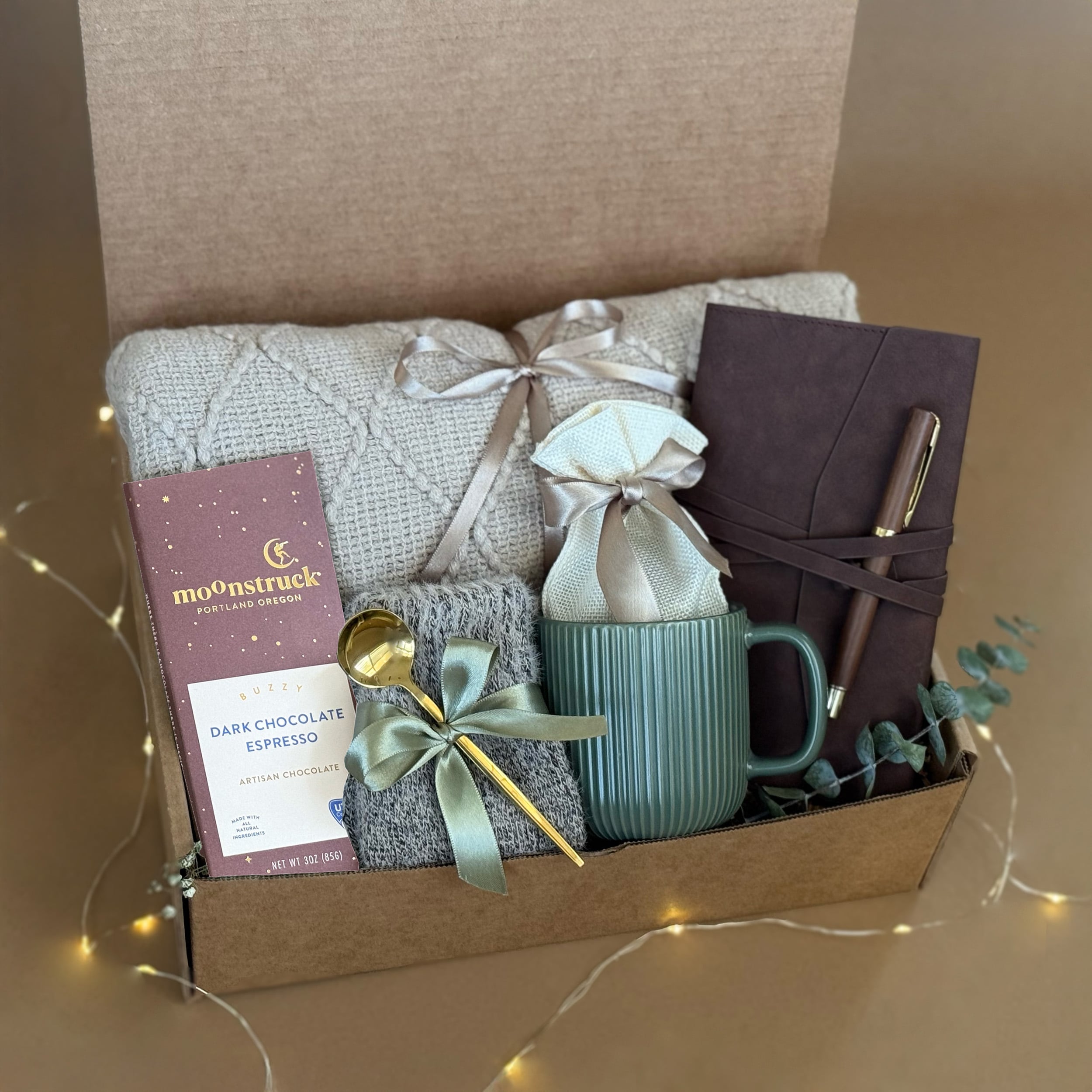 Premium Hygge Gift Box for Men & Women - Cozy Fleece Blanket, Ceramic Mug, Leather Journal, Fuzzy Socks & Gourmet Chocolate Set - Perfect for Valentine's Day, Anniversary & Self-Care Relaxation